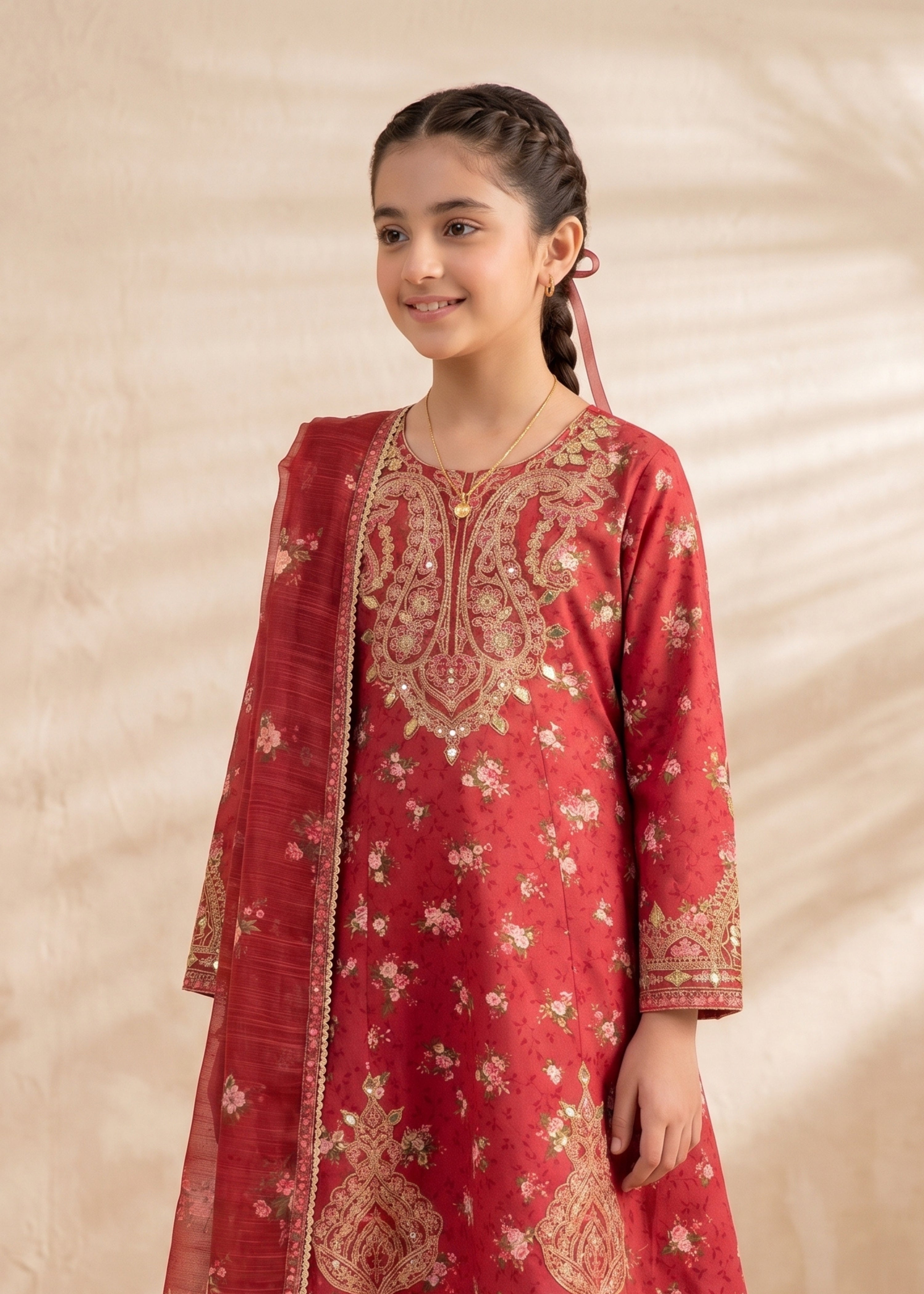 lawn Short Frock in Red