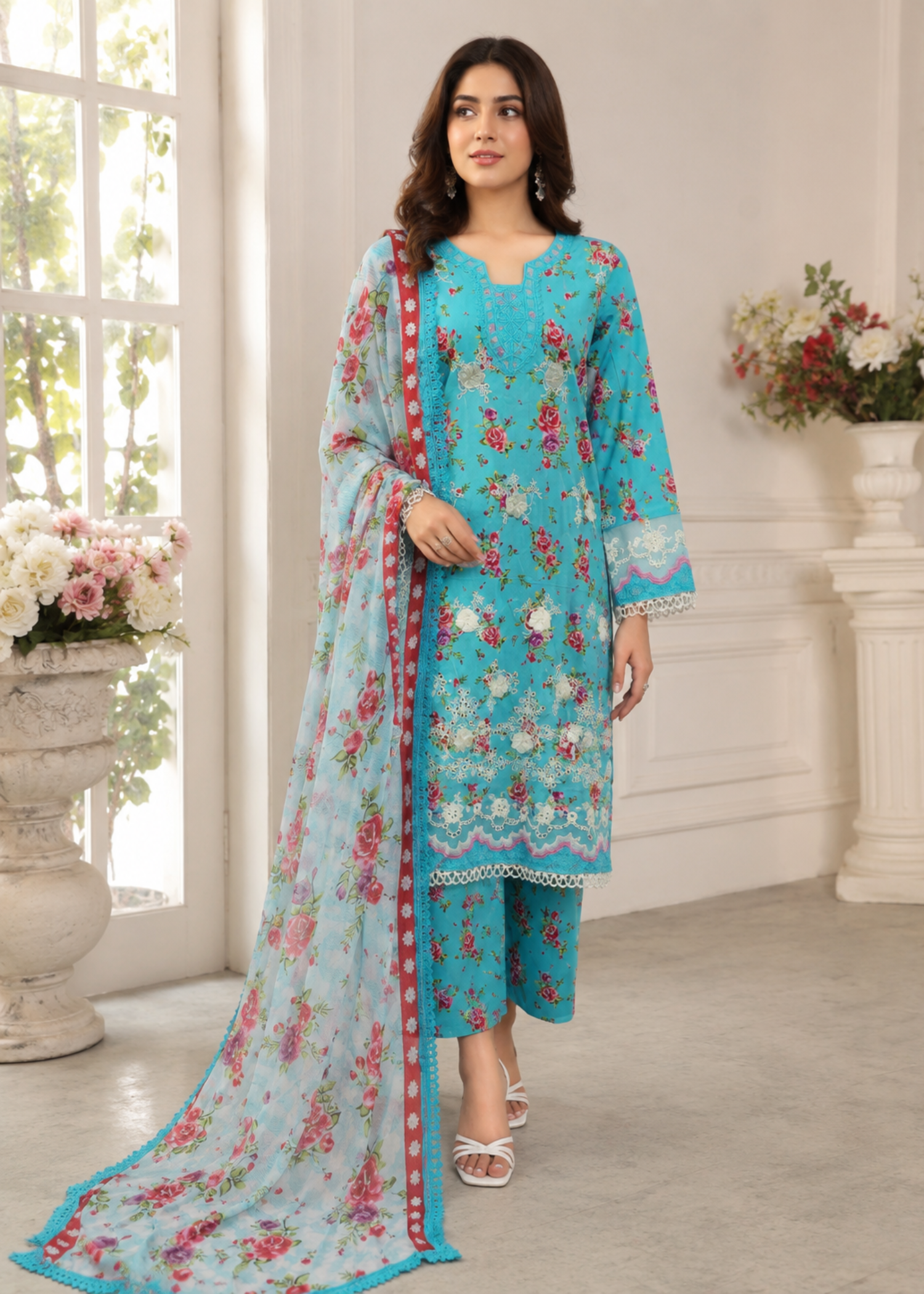 lawn Kurta Set in Blue lagoon