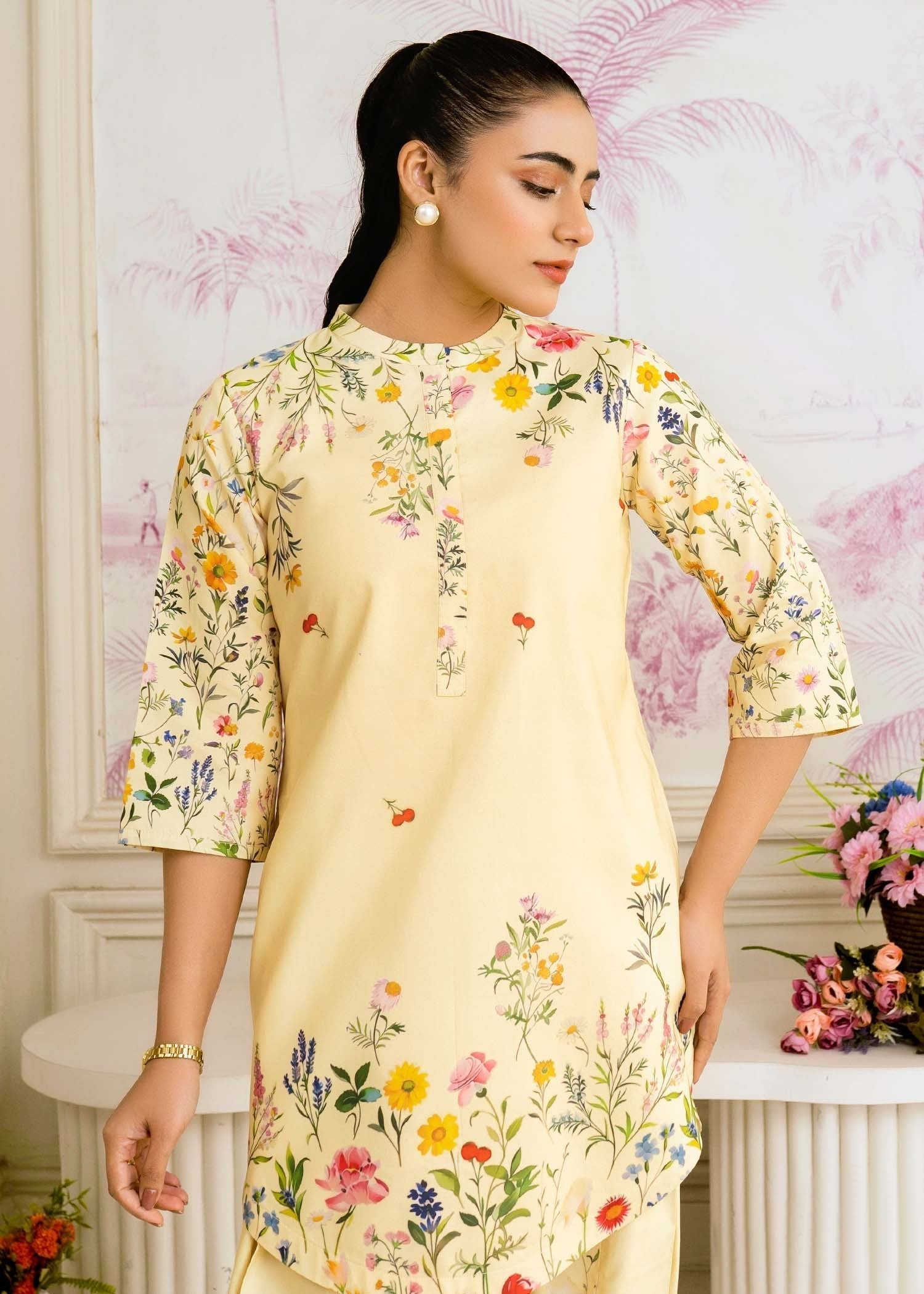 silk finish lawn Co Ord Sets in Lemon