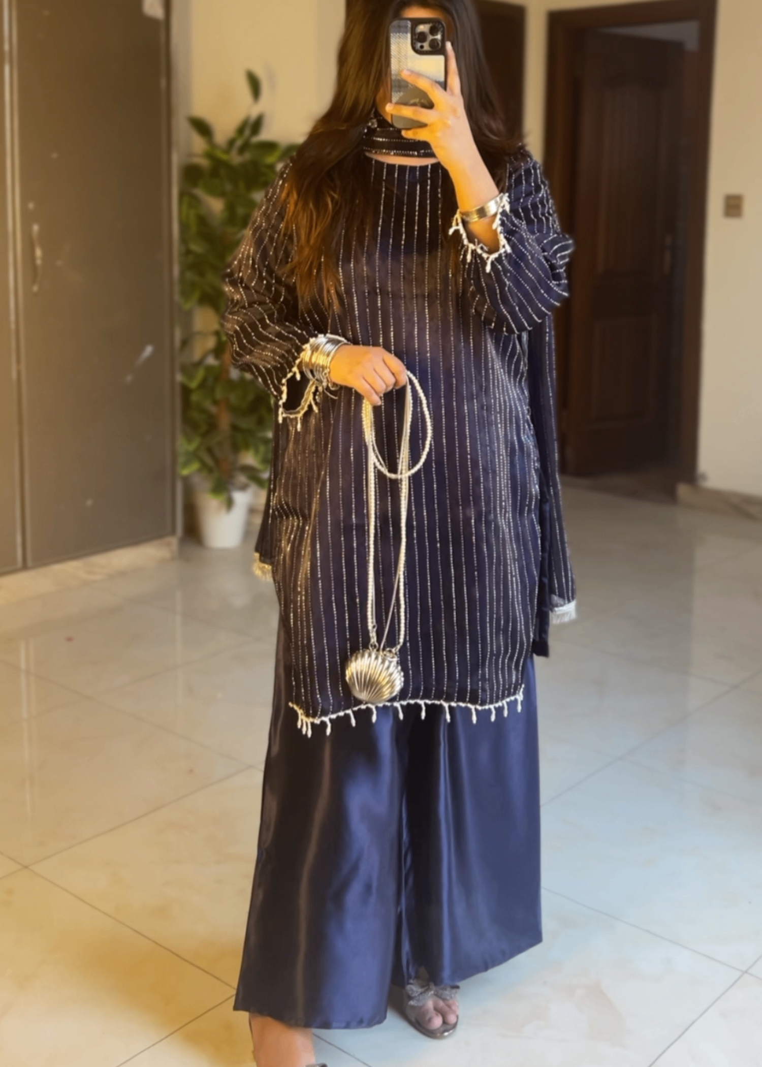 crinkle Kurta Set in Navy blue