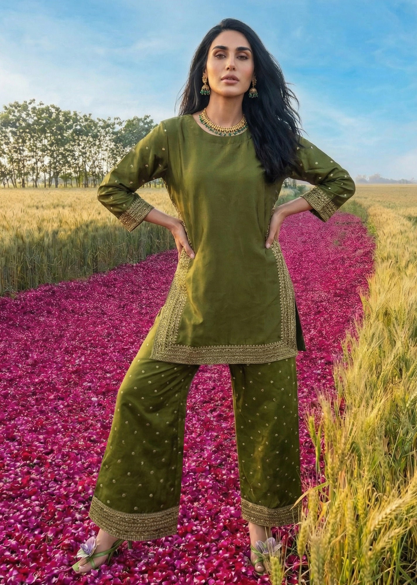 raw silk Kurta Set in Olive green
