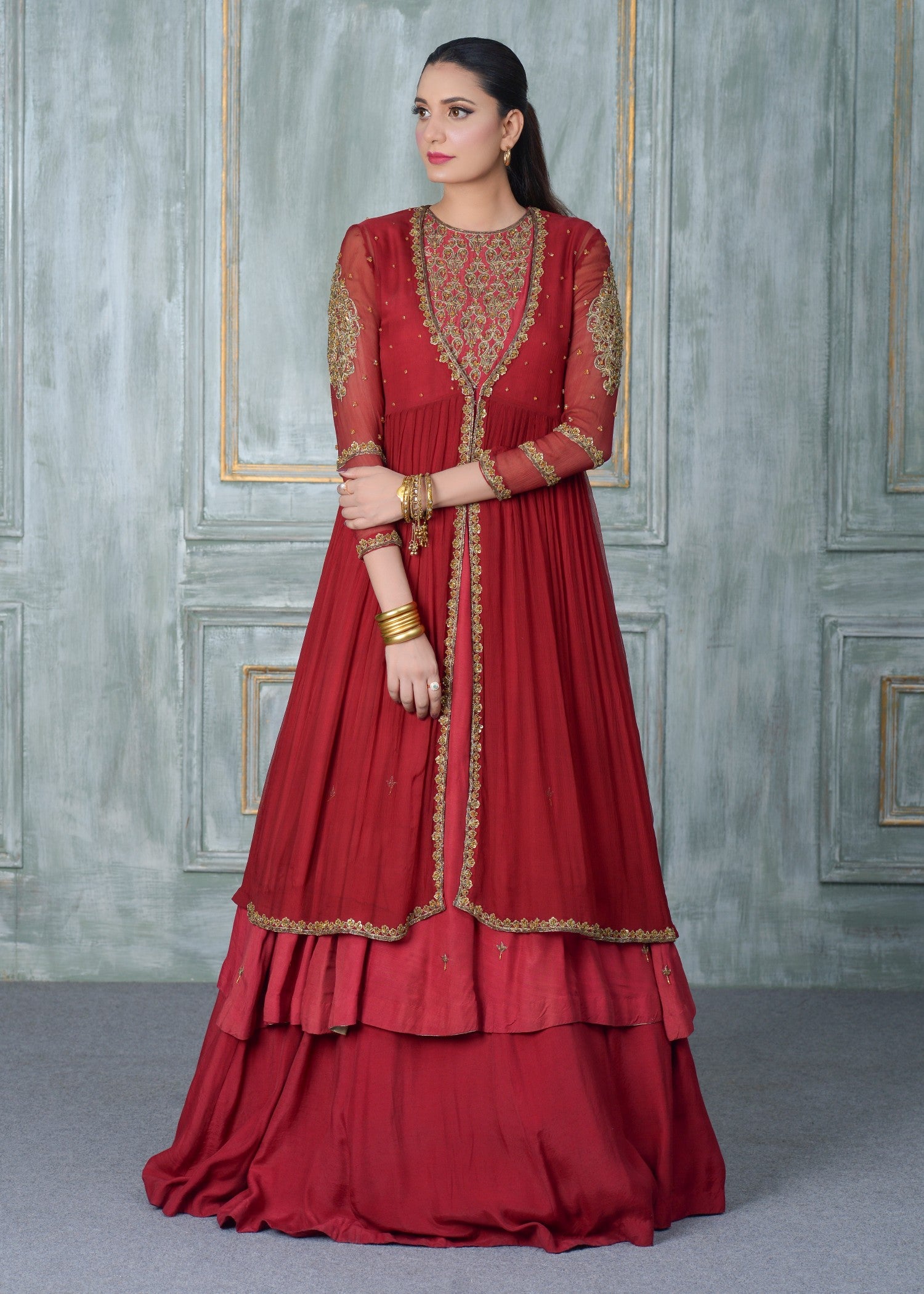 crinkle chiffon Lehenga in Maroon