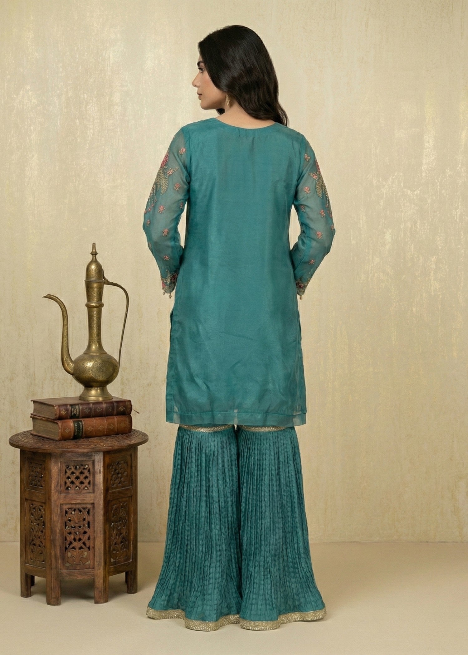 organza Gharara in Sea green