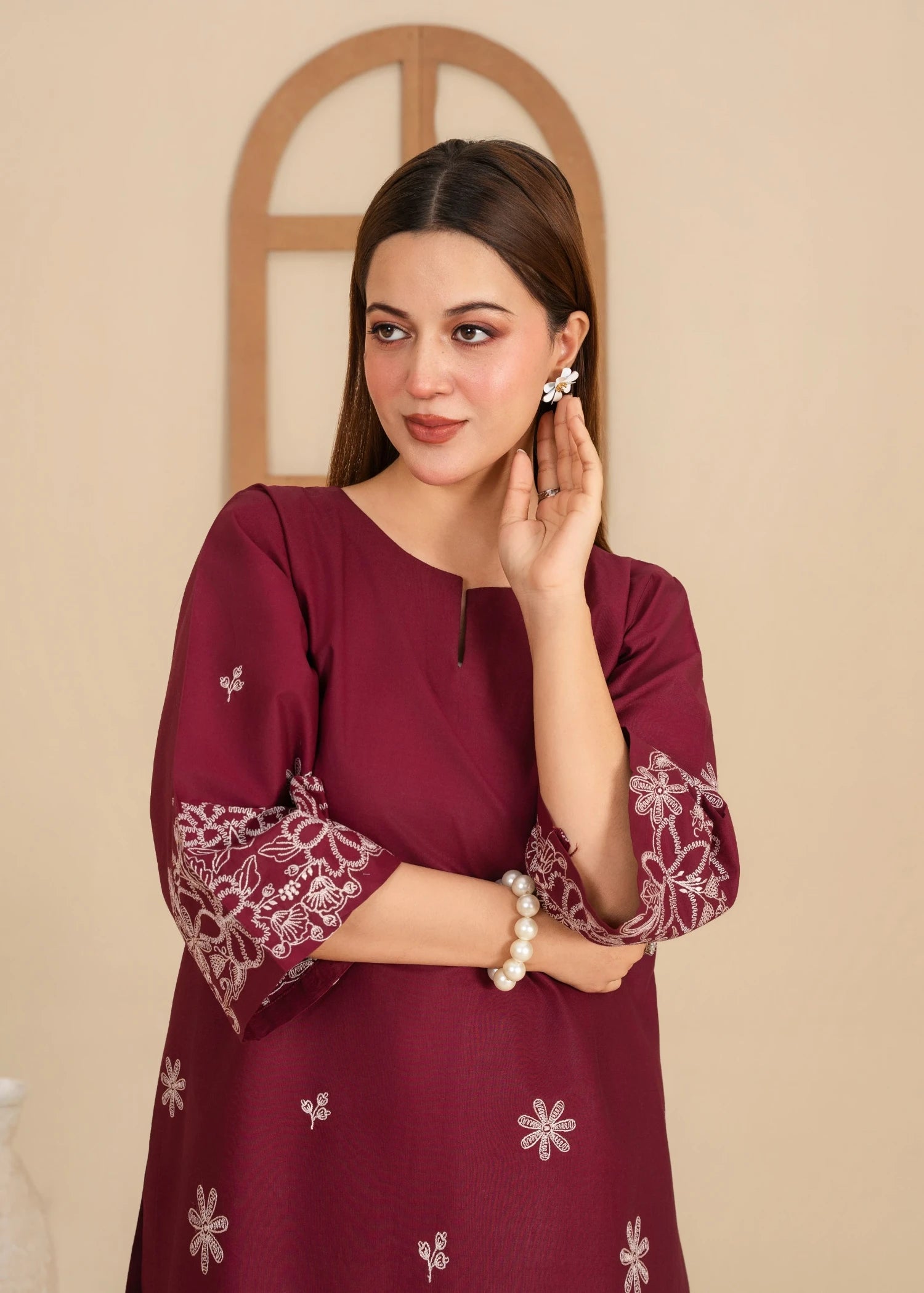 lawn Kurta Set in Beige, burgundy