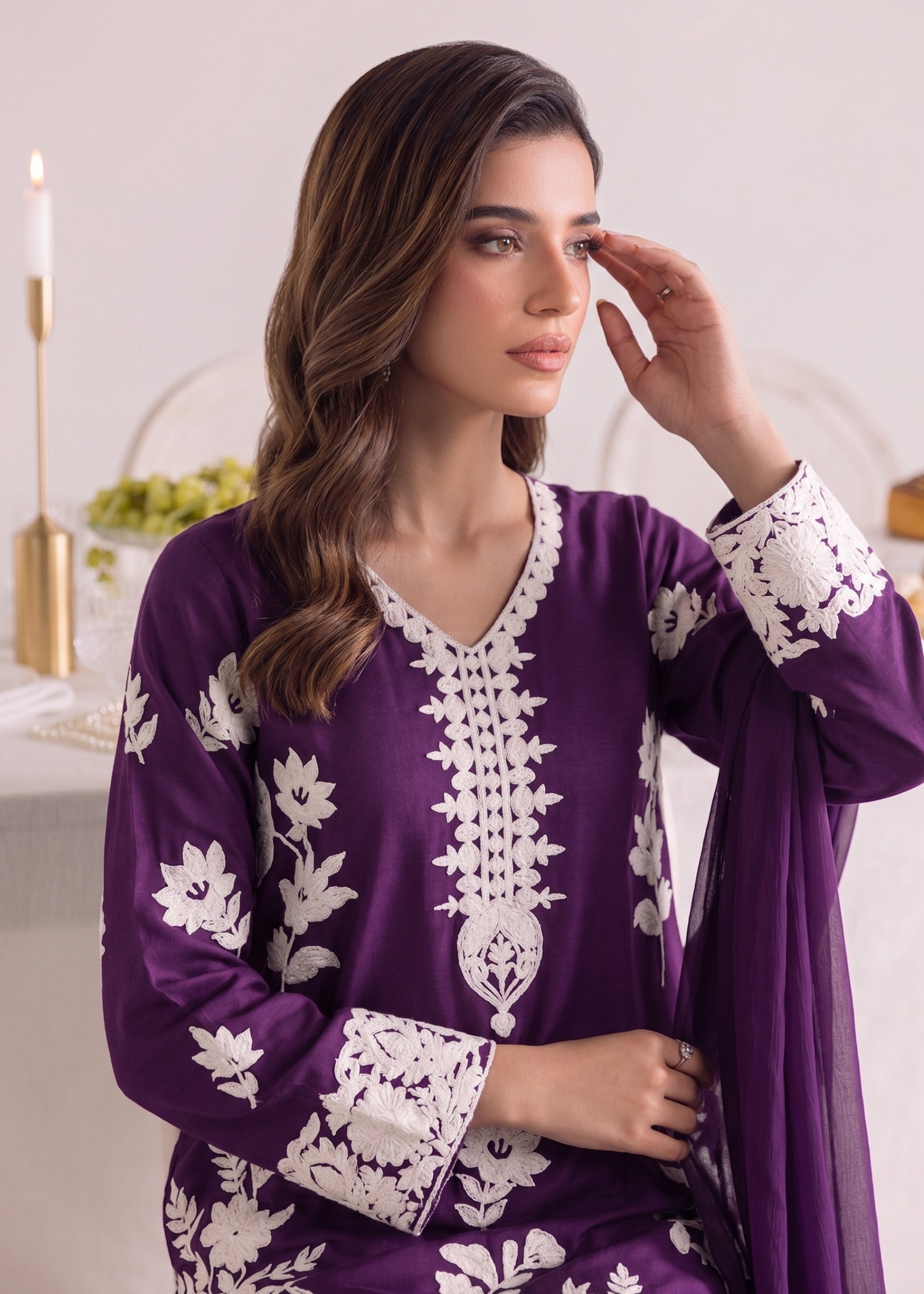 linen Kurta Set in Plum purple
