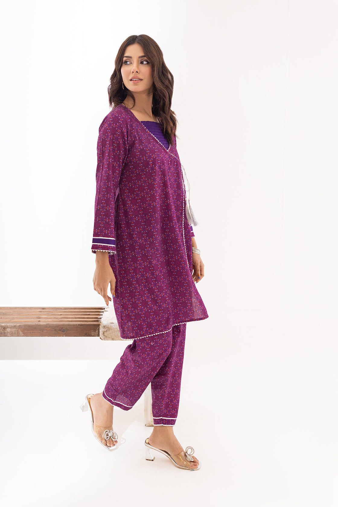 lawn Angrakha in Purple