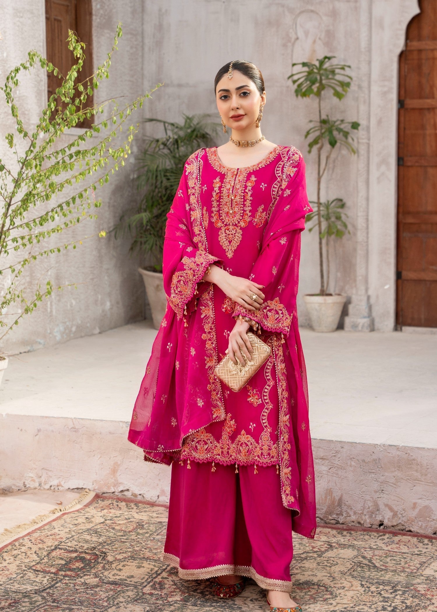 chiffon Kurta Set in Hot pink