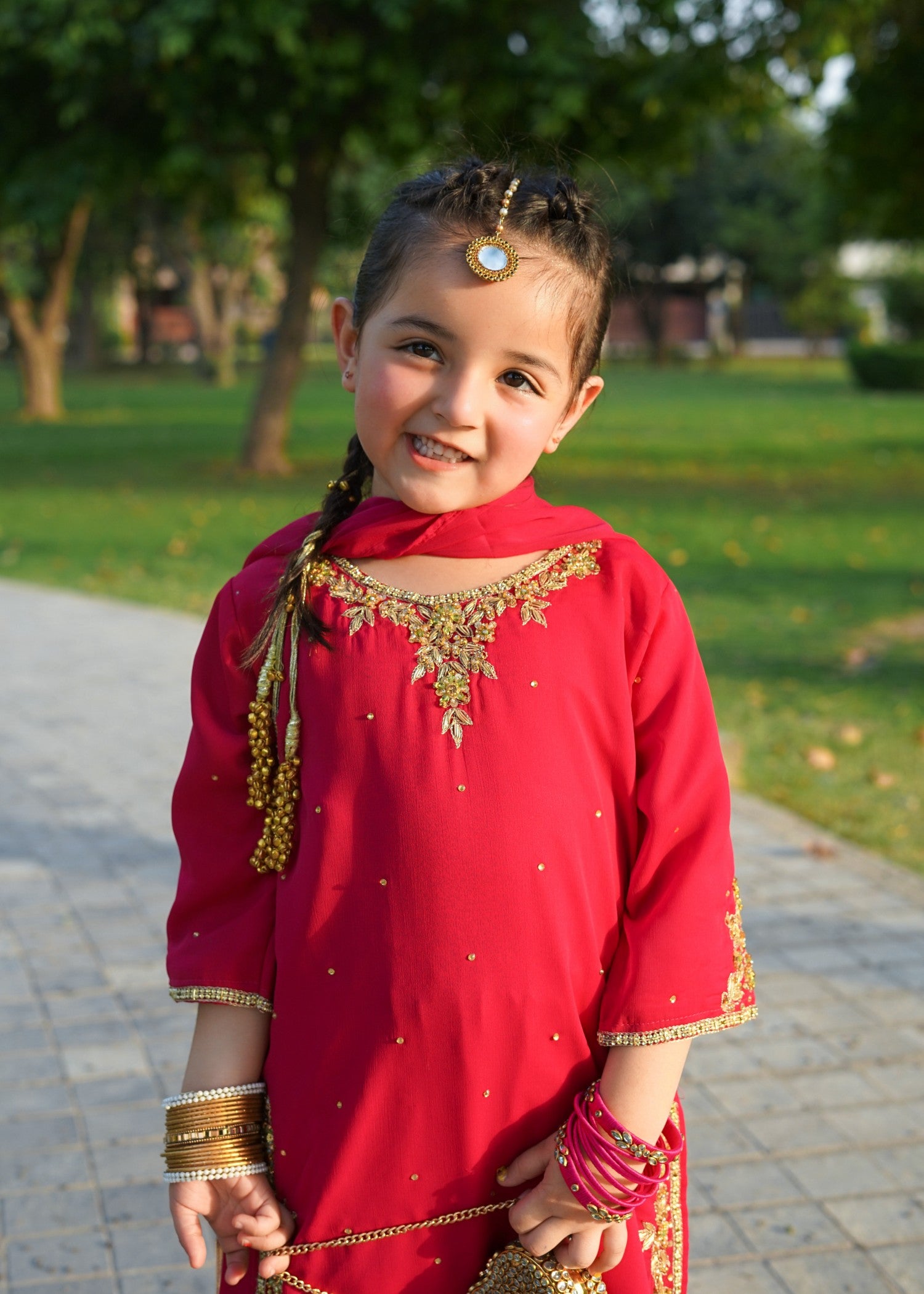 chiffon Kurta Set in Hot pink red