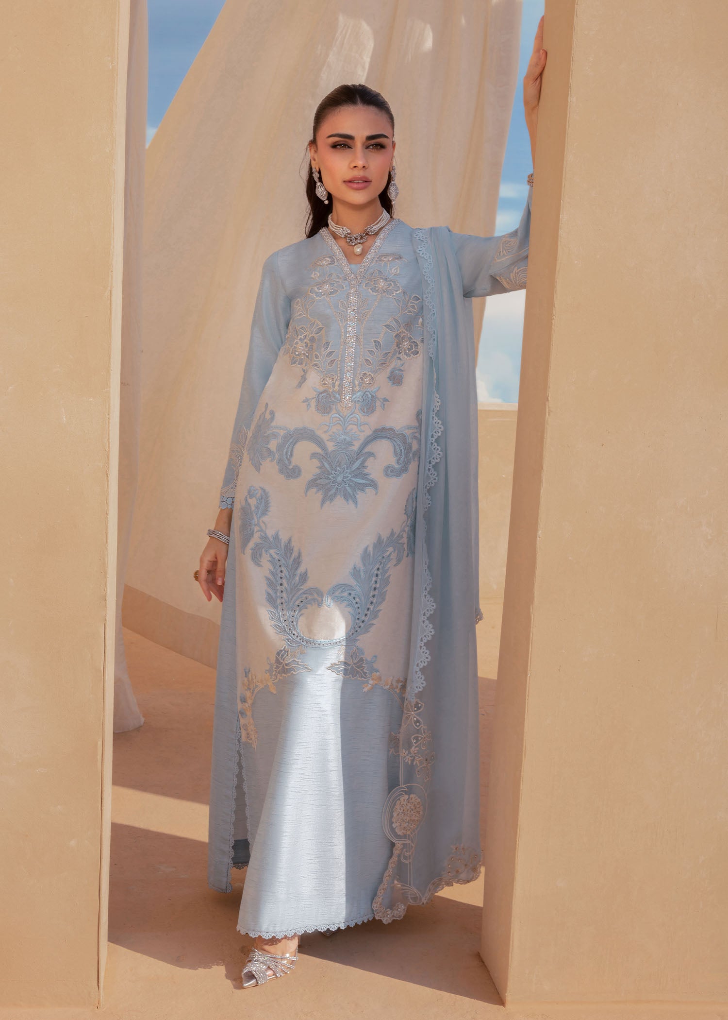 korean raw silk Kurta Set in Sky blue