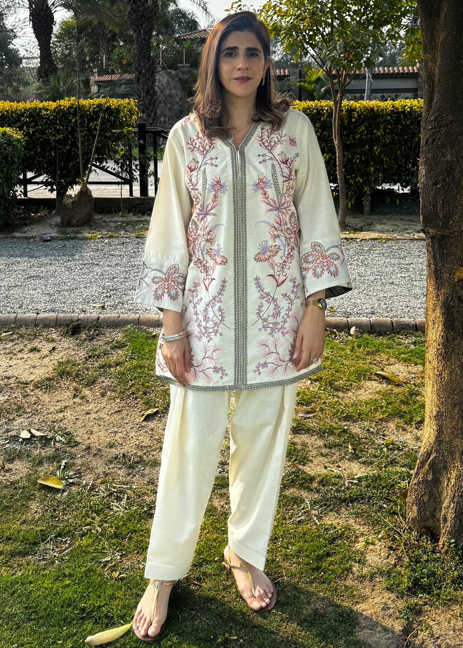 cotton karandi Kurta Set in Off-white