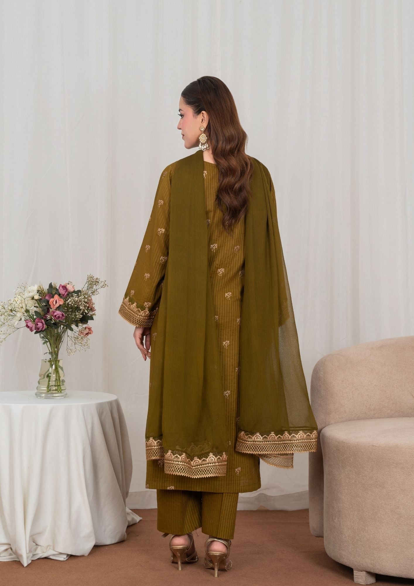 lawn Kurta Set in Golden brown