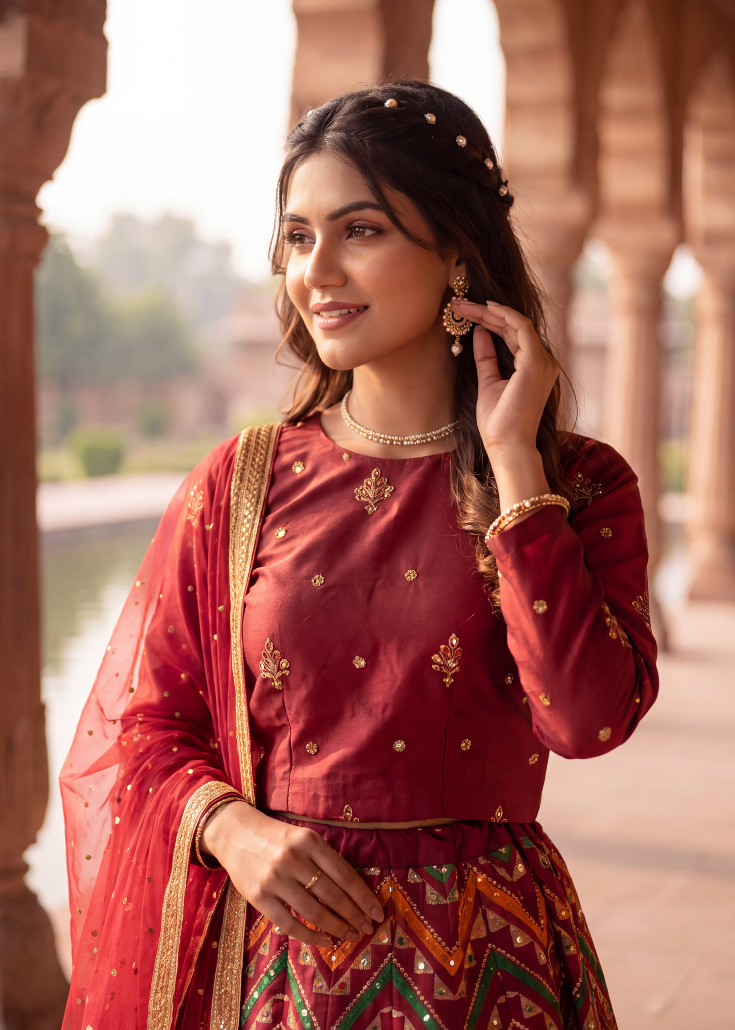kattan silk Lehenga in Multi, maroon