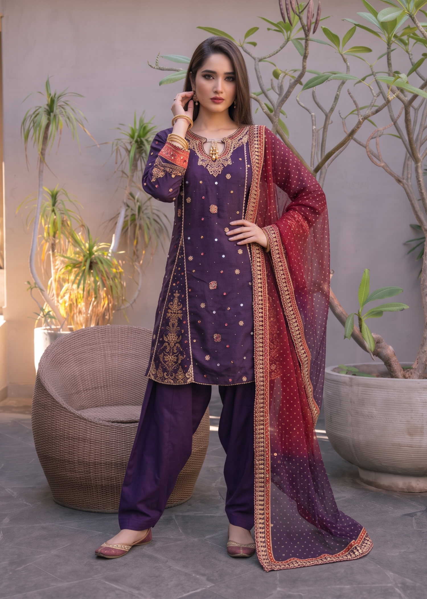 khaddi net Short Frock in Plum