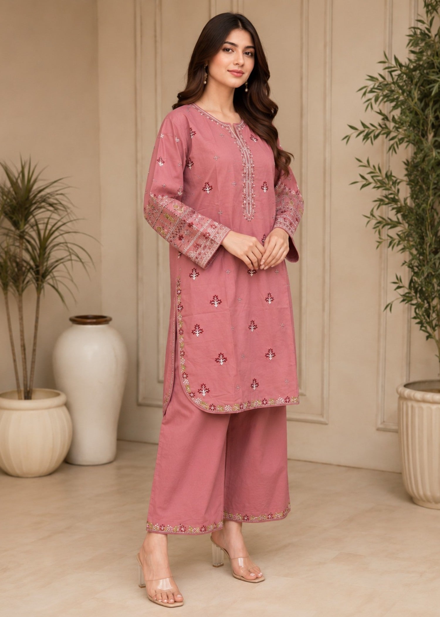 lawn cotton Kurta Set in Pink