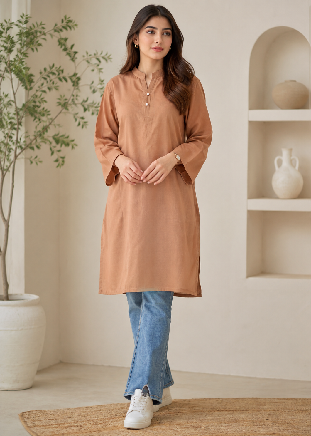 lawn Kurti in Camel brown