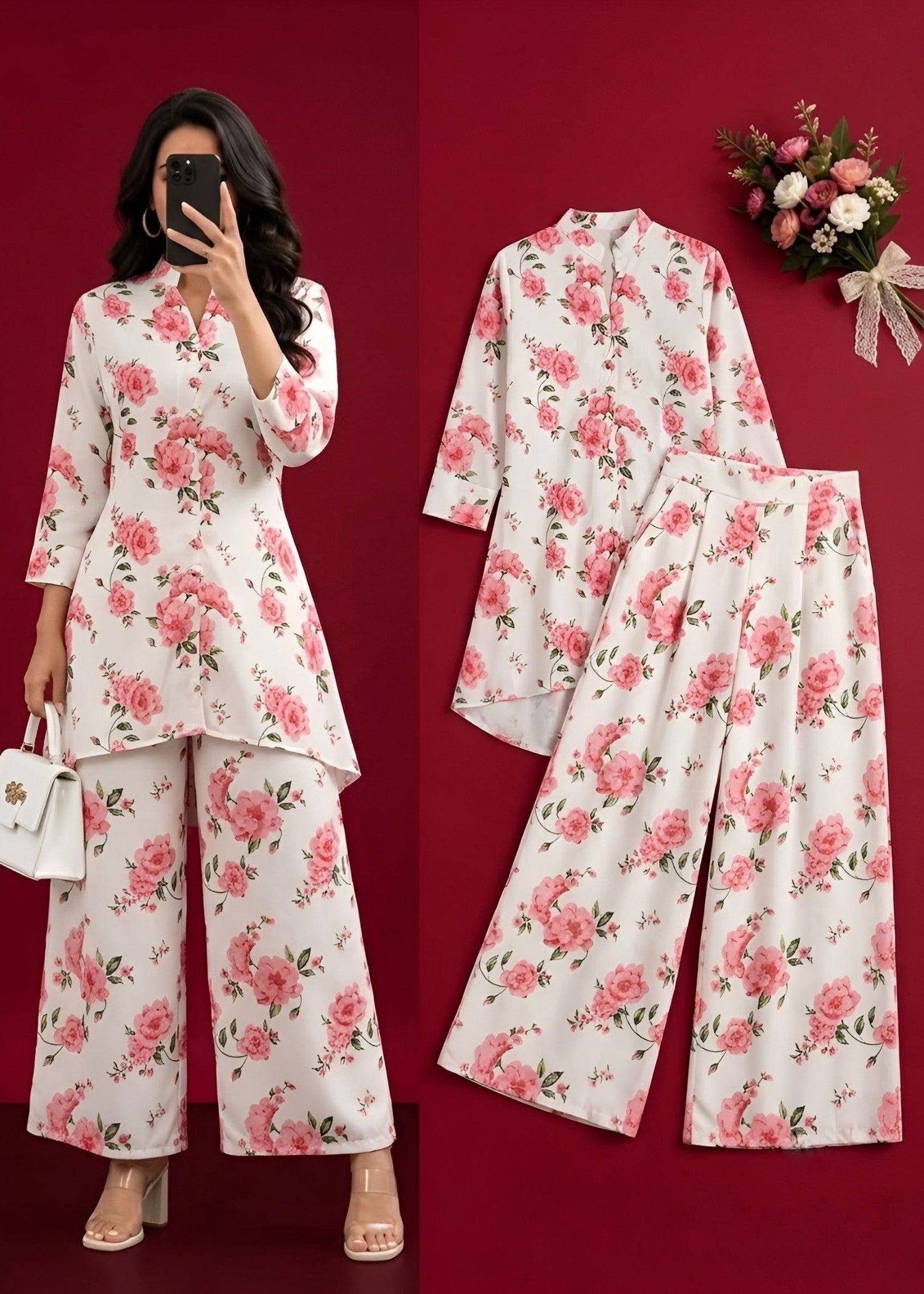 poly lawn Co Ord Sets in Blush pink, white