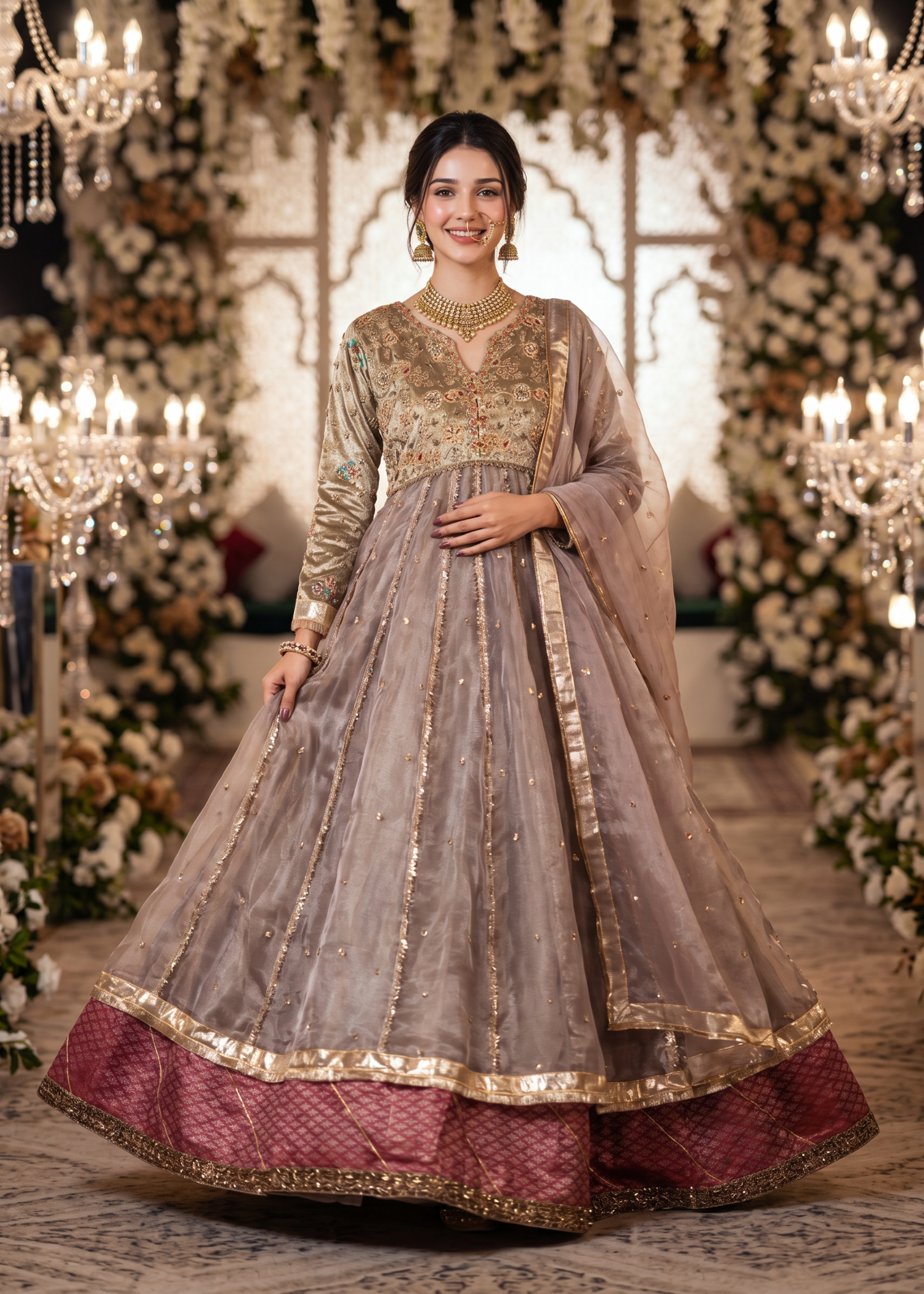 organza Pishwas in Sand brown