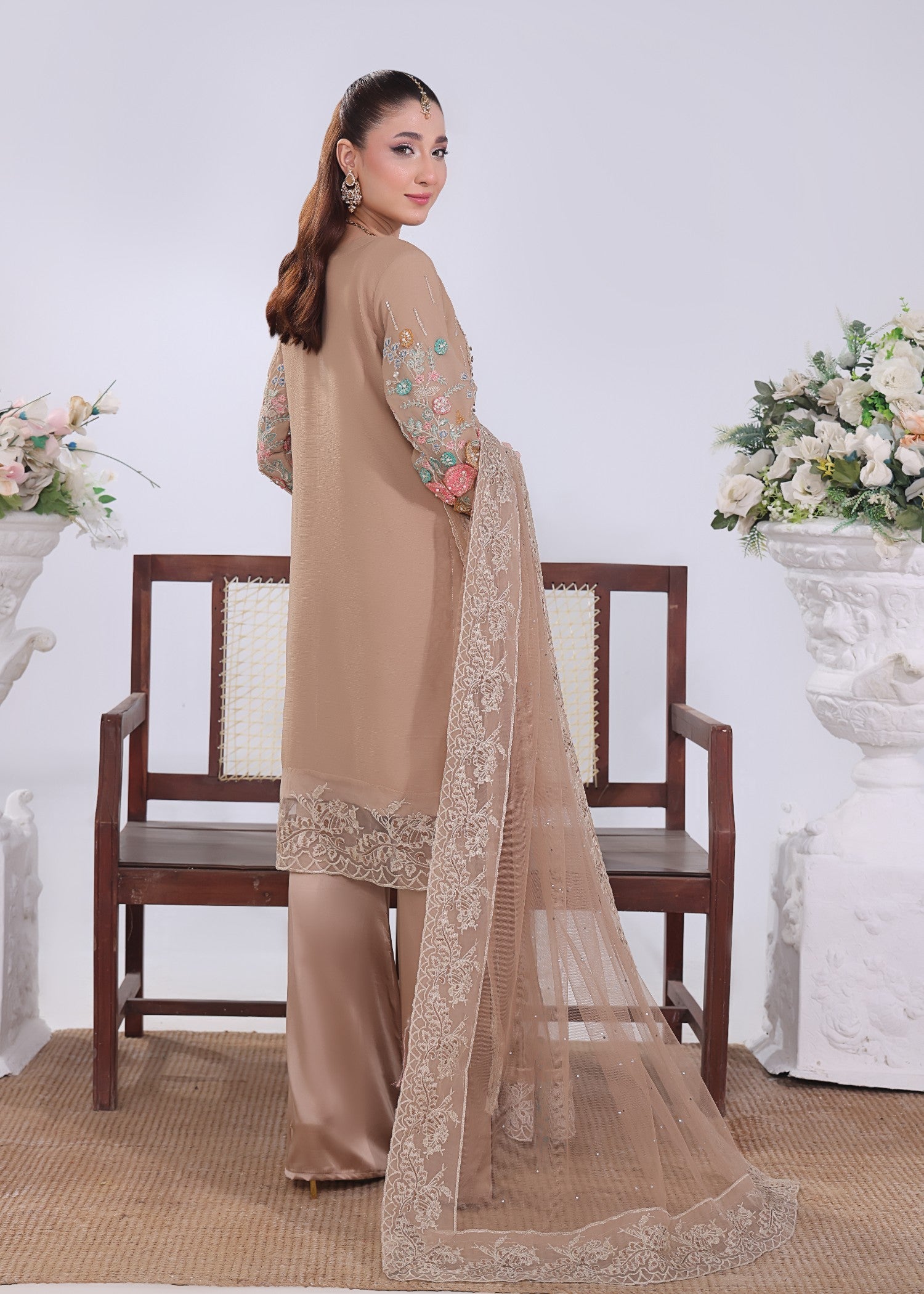 chiffon Kurta Set in Camel brown