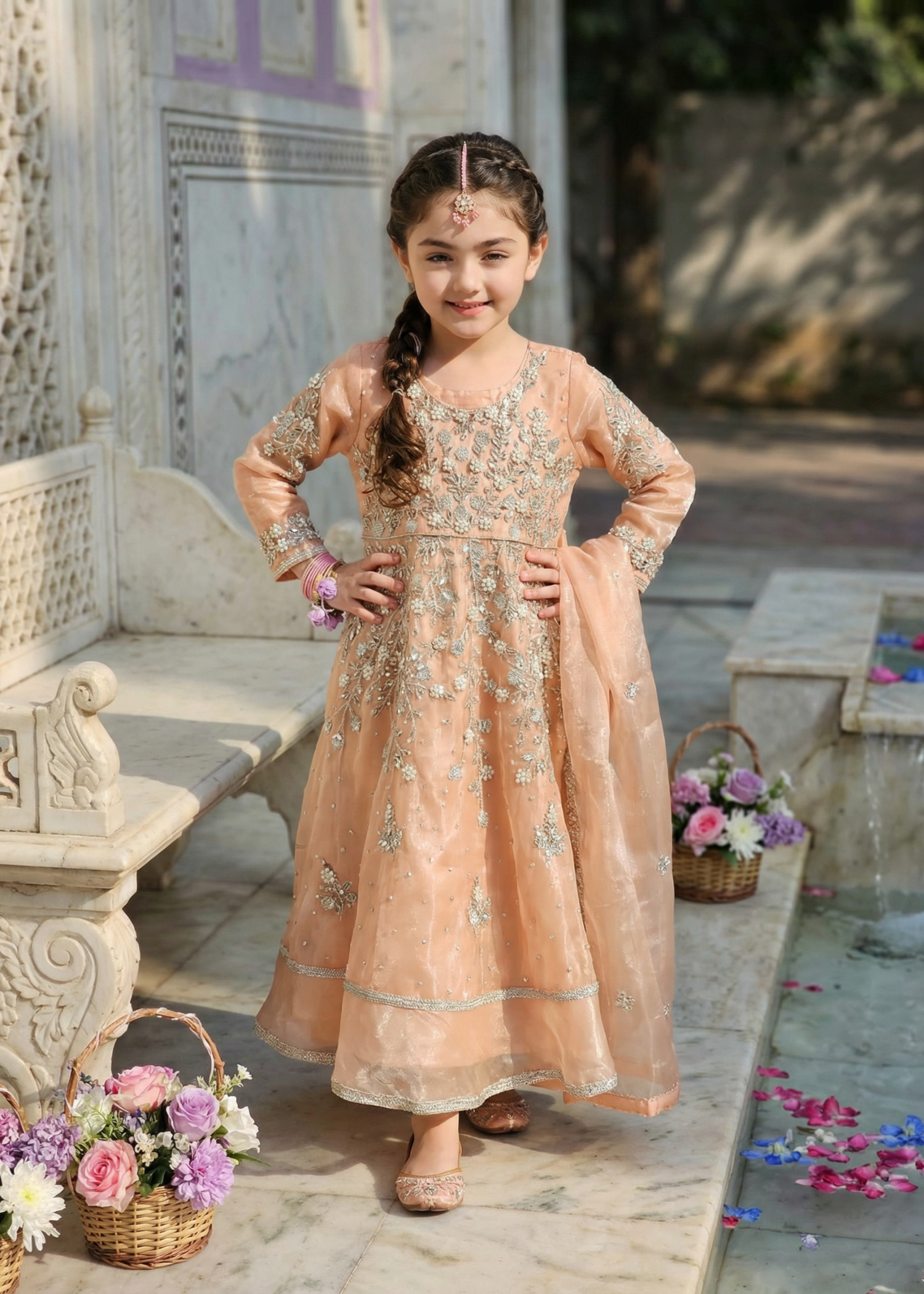 tissue silk Pishwas in Peach pink