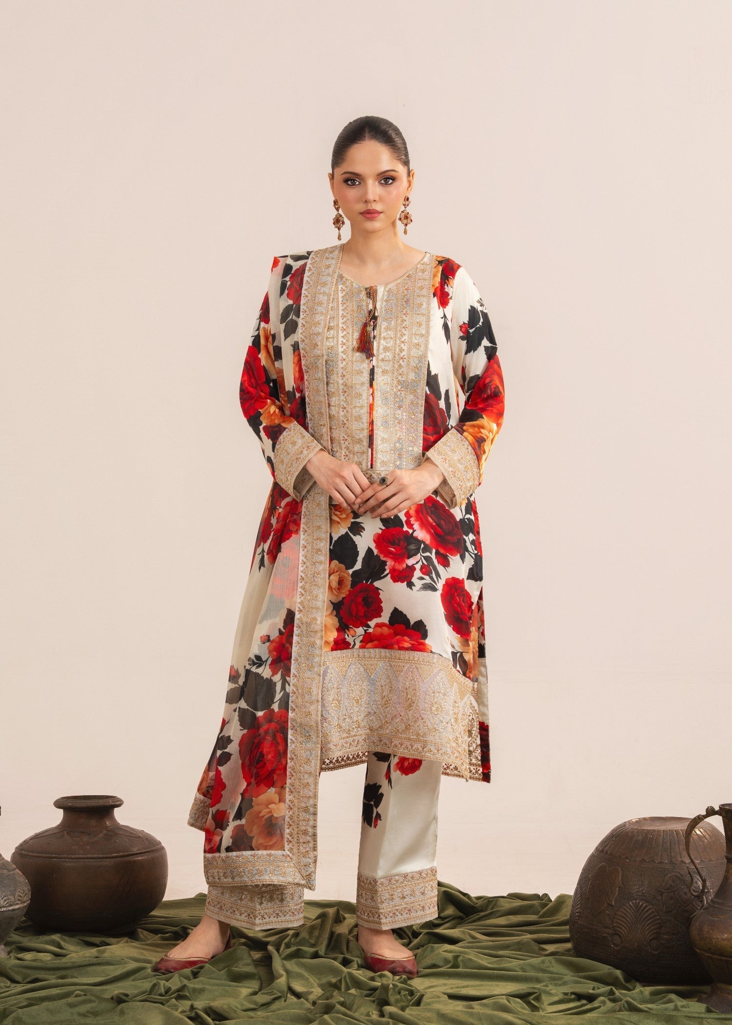 silk charmeuse Kurta Set in White, gold, rose red