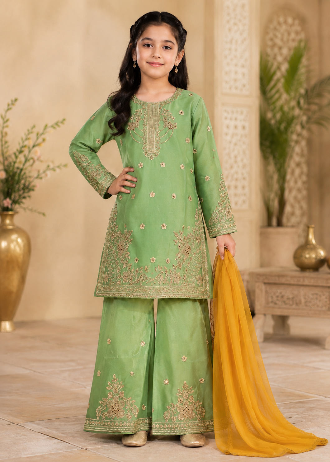 chiffon Kurta Set in Key lime