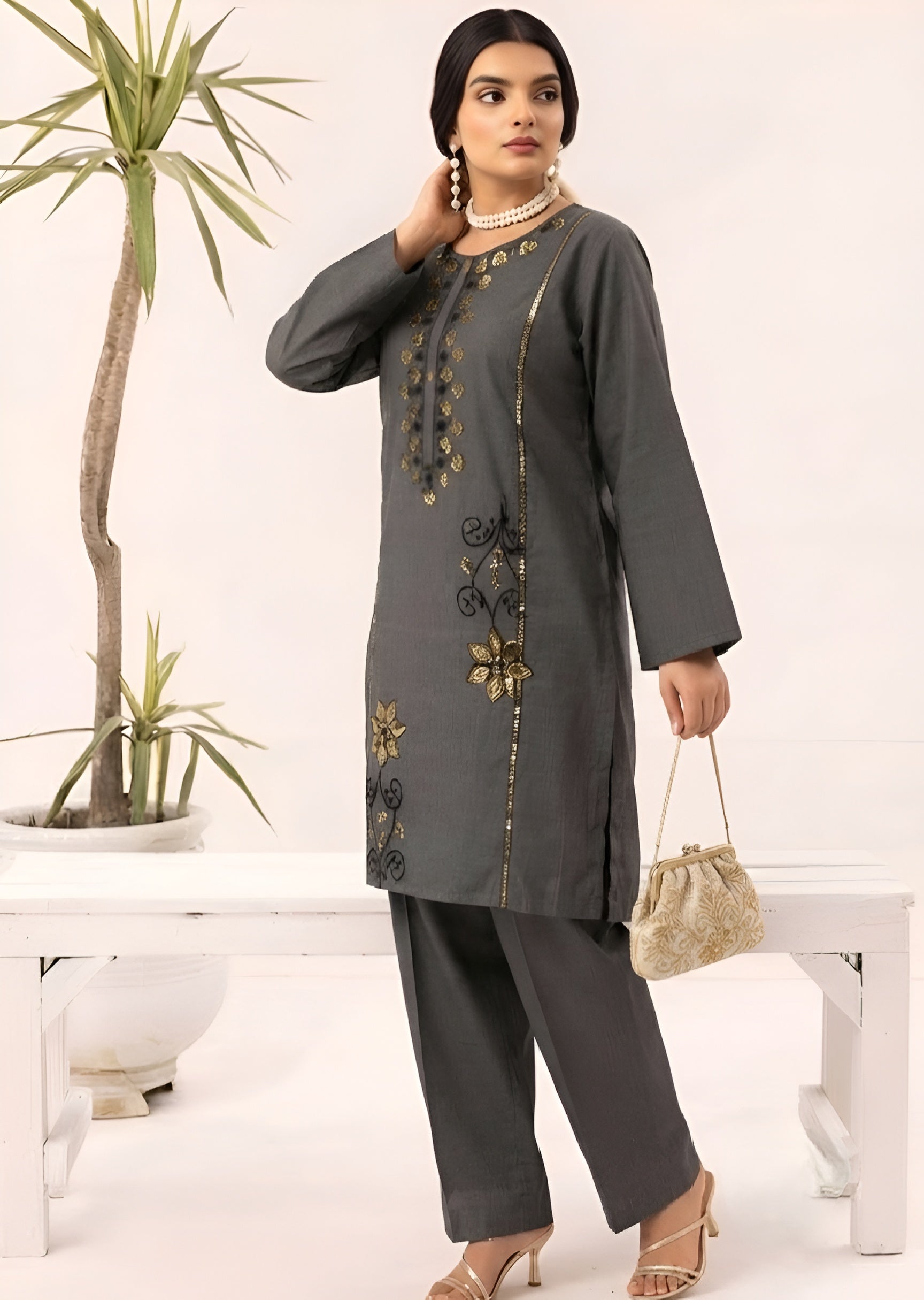 linen Kurta Set in Steal grey