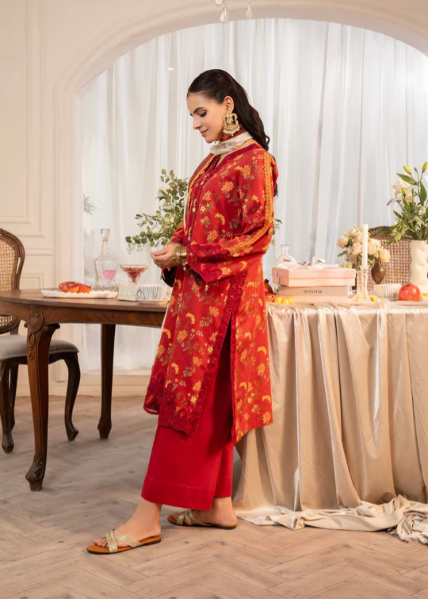 lawn cotton Kurta Set in Fire red