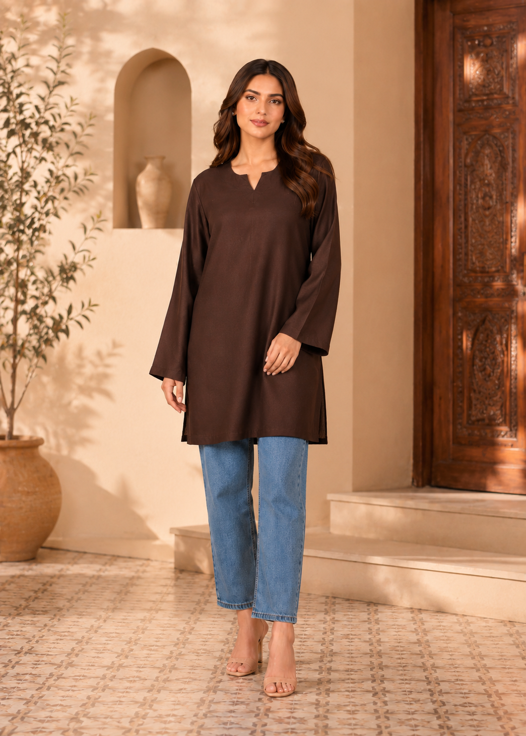 linen Kurti in Dark brown