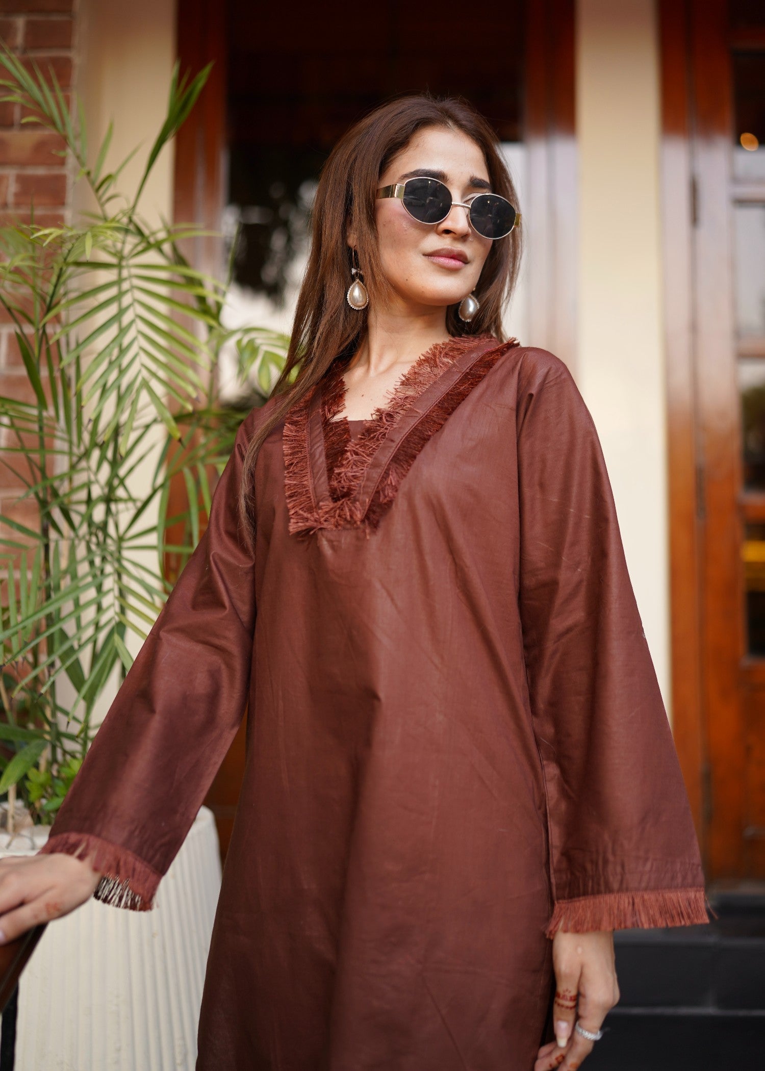 lawn cotton Kurta Set in Chocolate brown