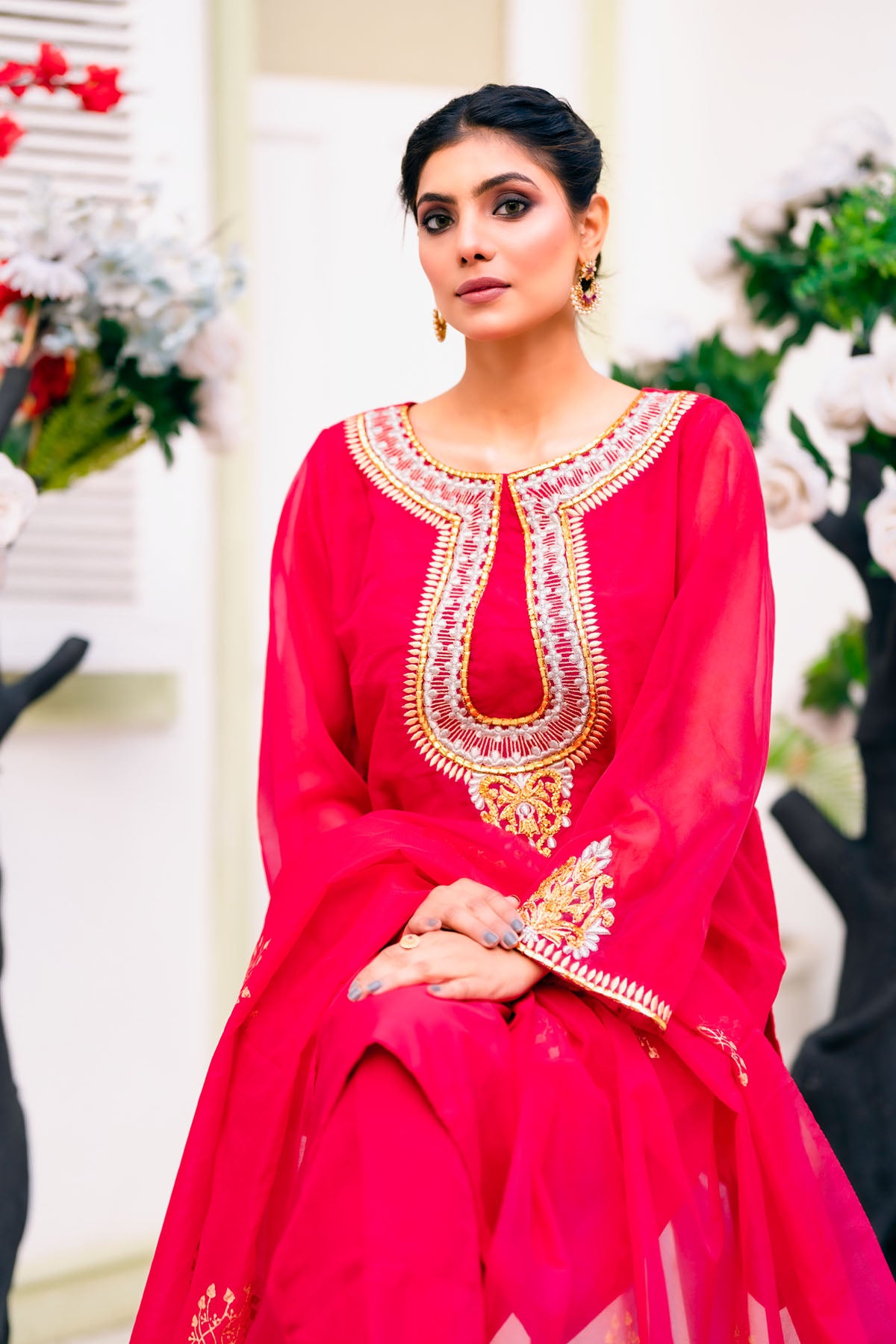 organza Kurta Set in Shocking pink