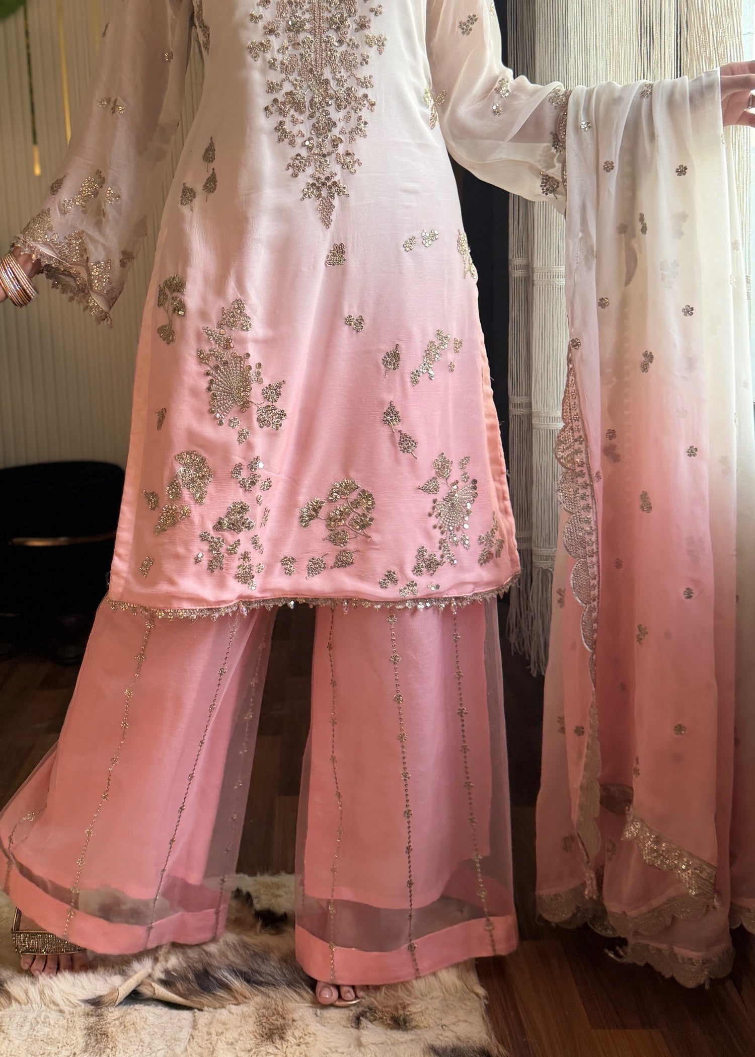 chiffon Kurta Set in Pink, off-white