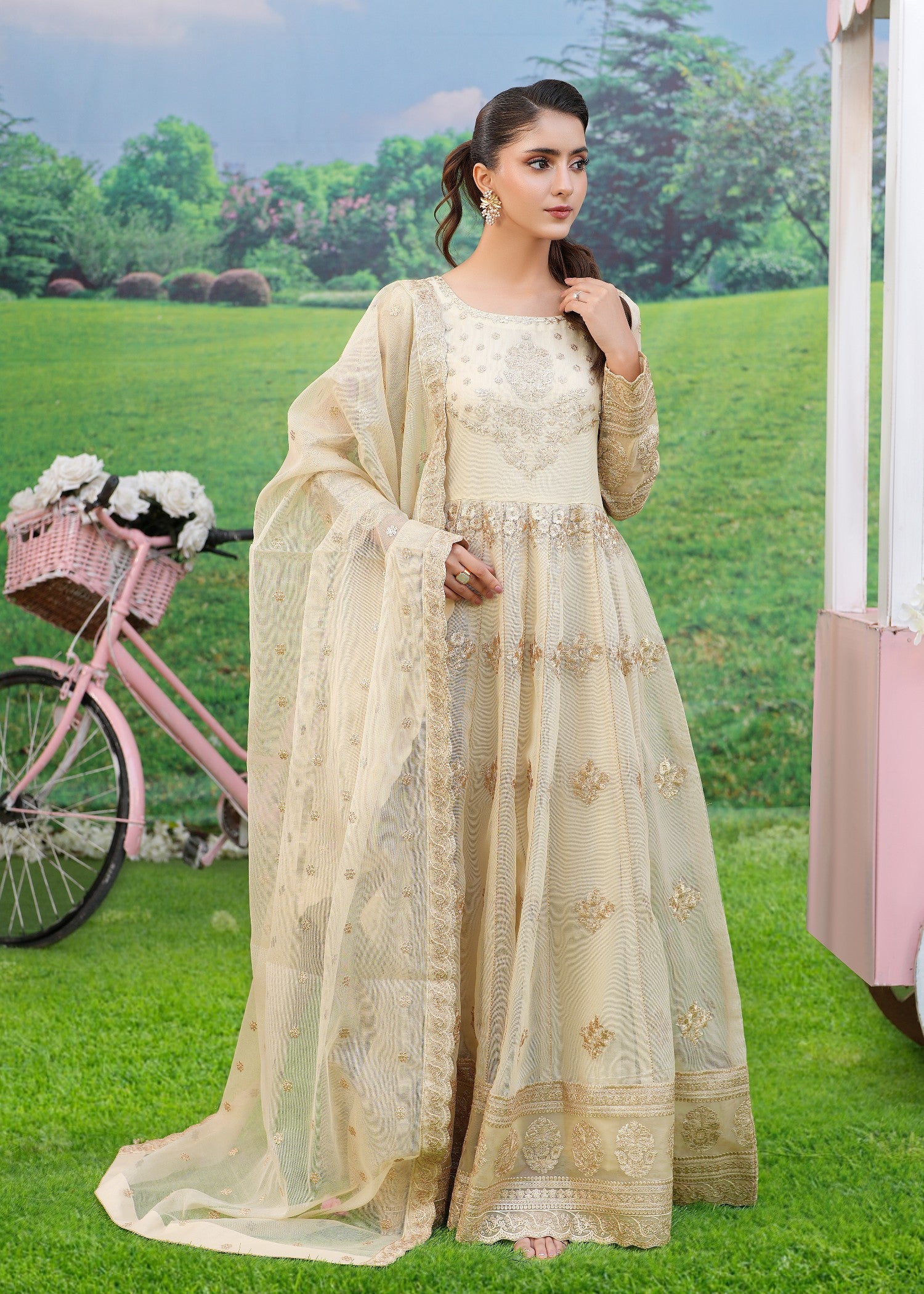 khaddi net Pishwas in Cream