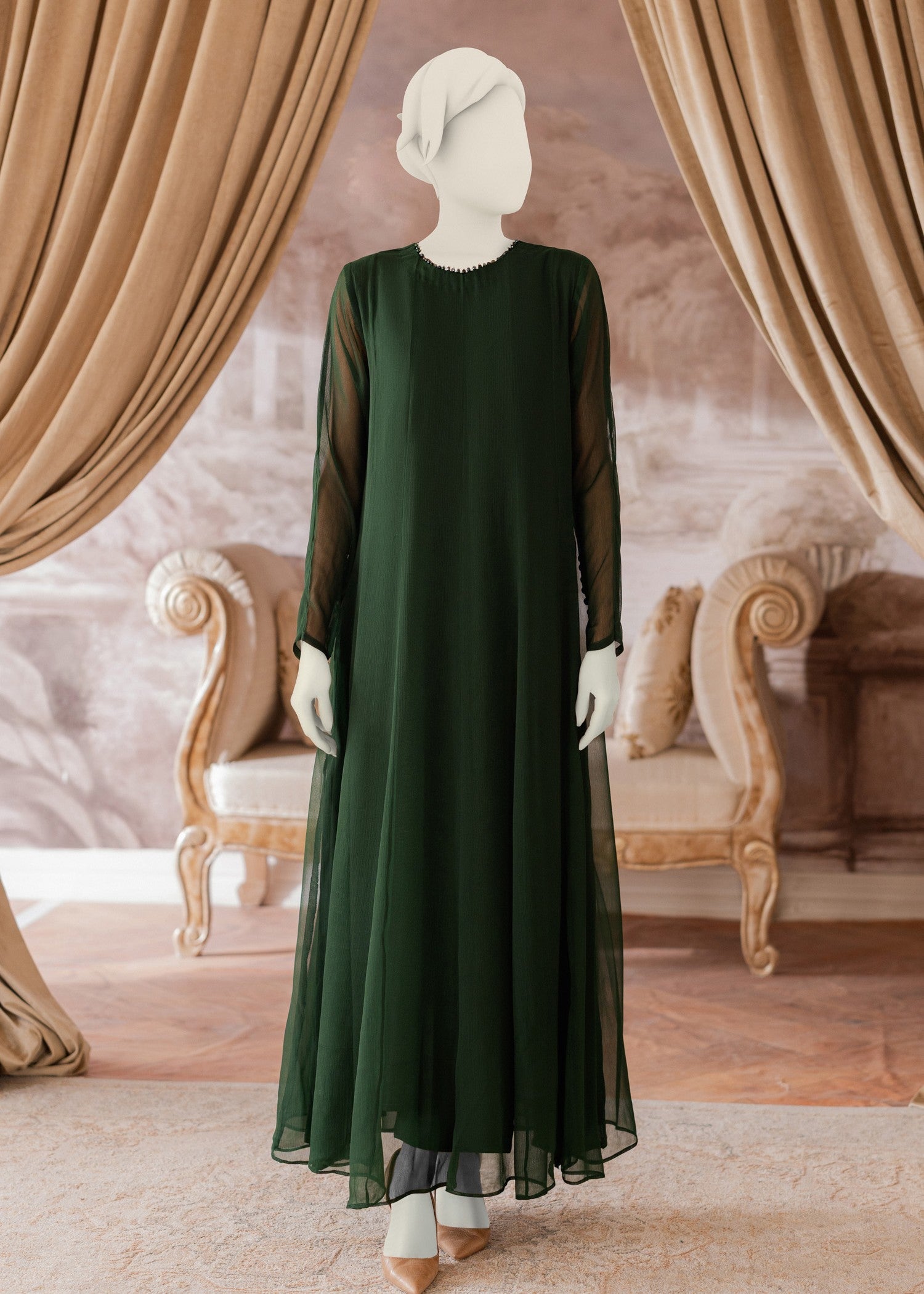 polyester chiffon Pishwas in Bottle green