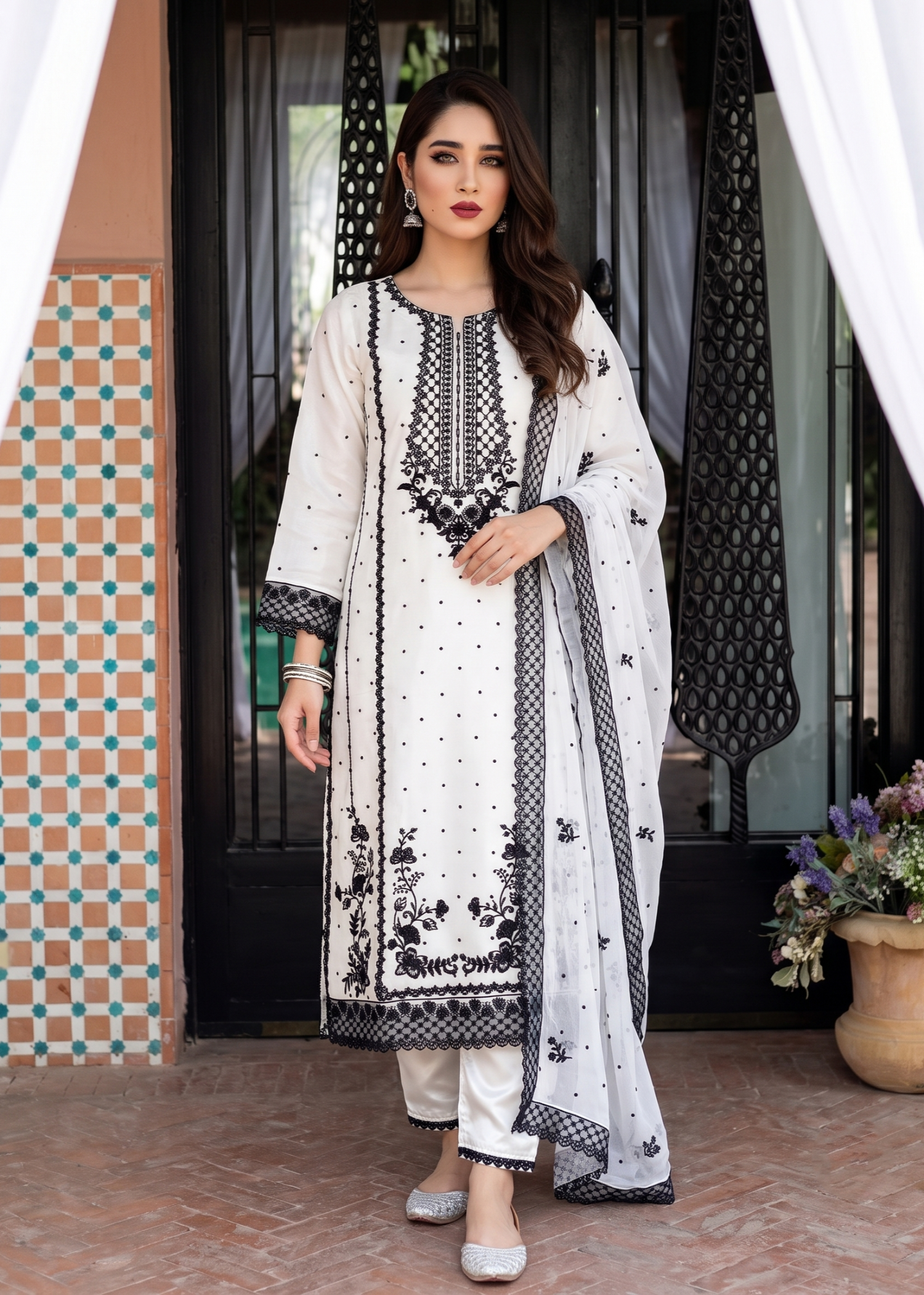 chiffon Kurta Set in White