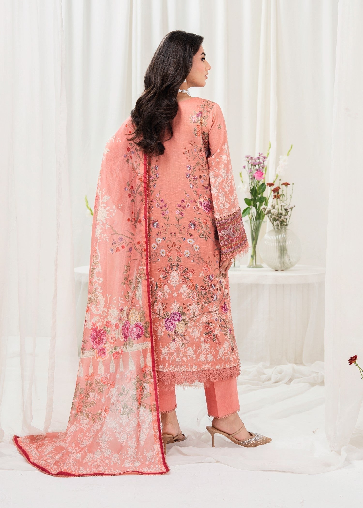 lawn Kurta Set in Apricot orange