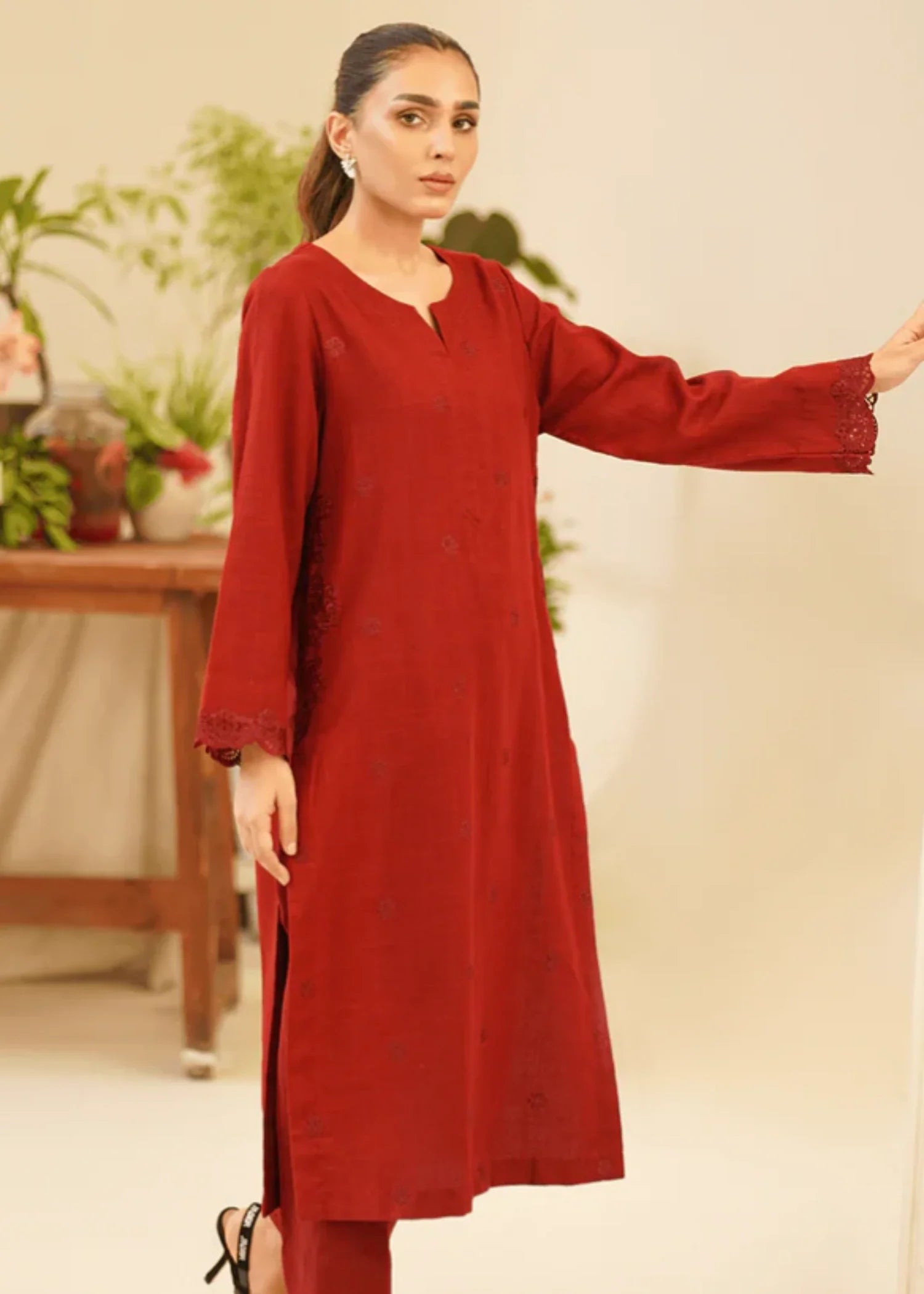 khaddar Kurta Set in Blood red
