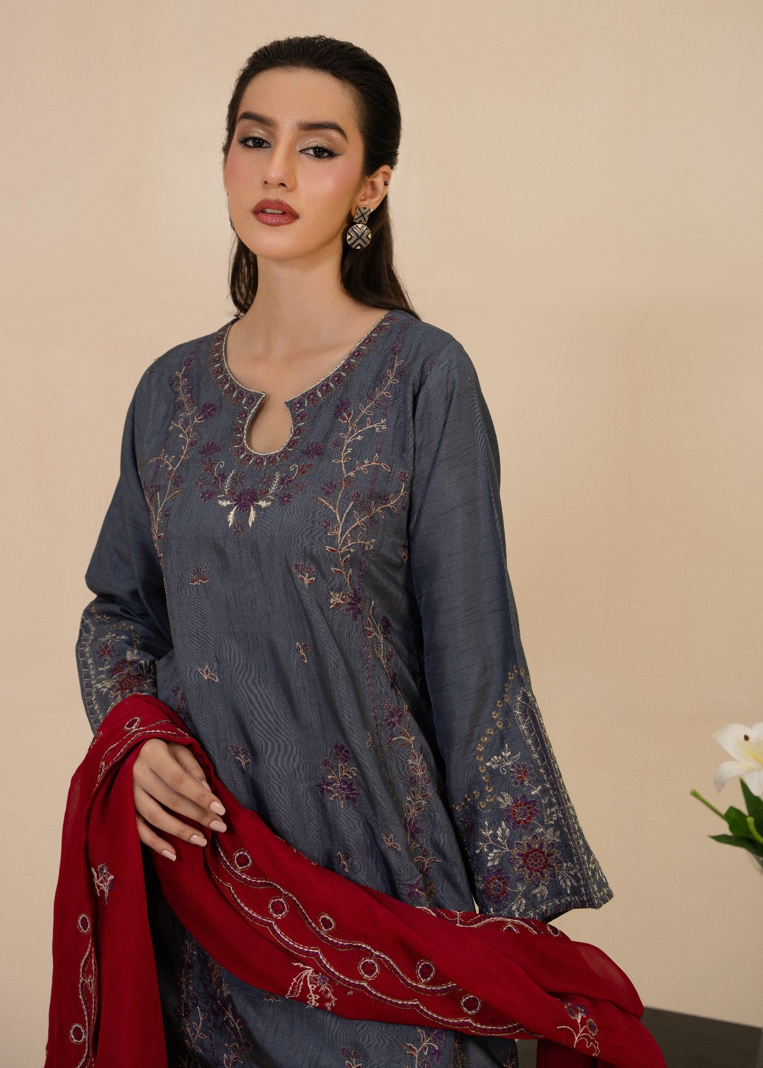 korean raw silk Kurta Set in Steal grey