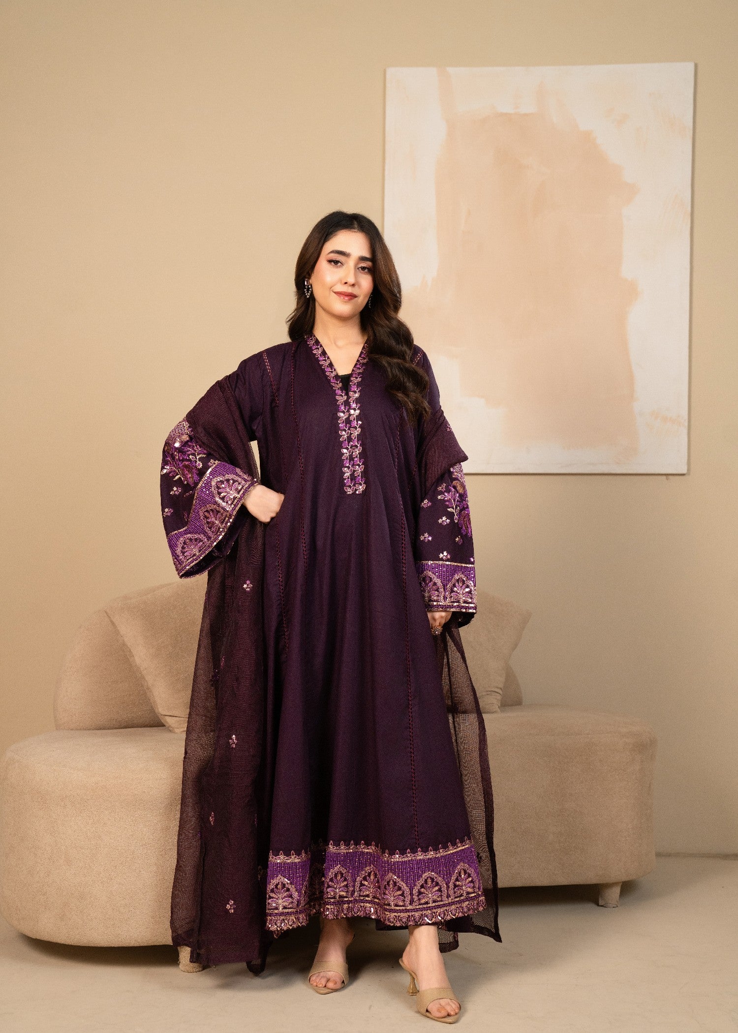lawn cotton Pishwas in Deep purple