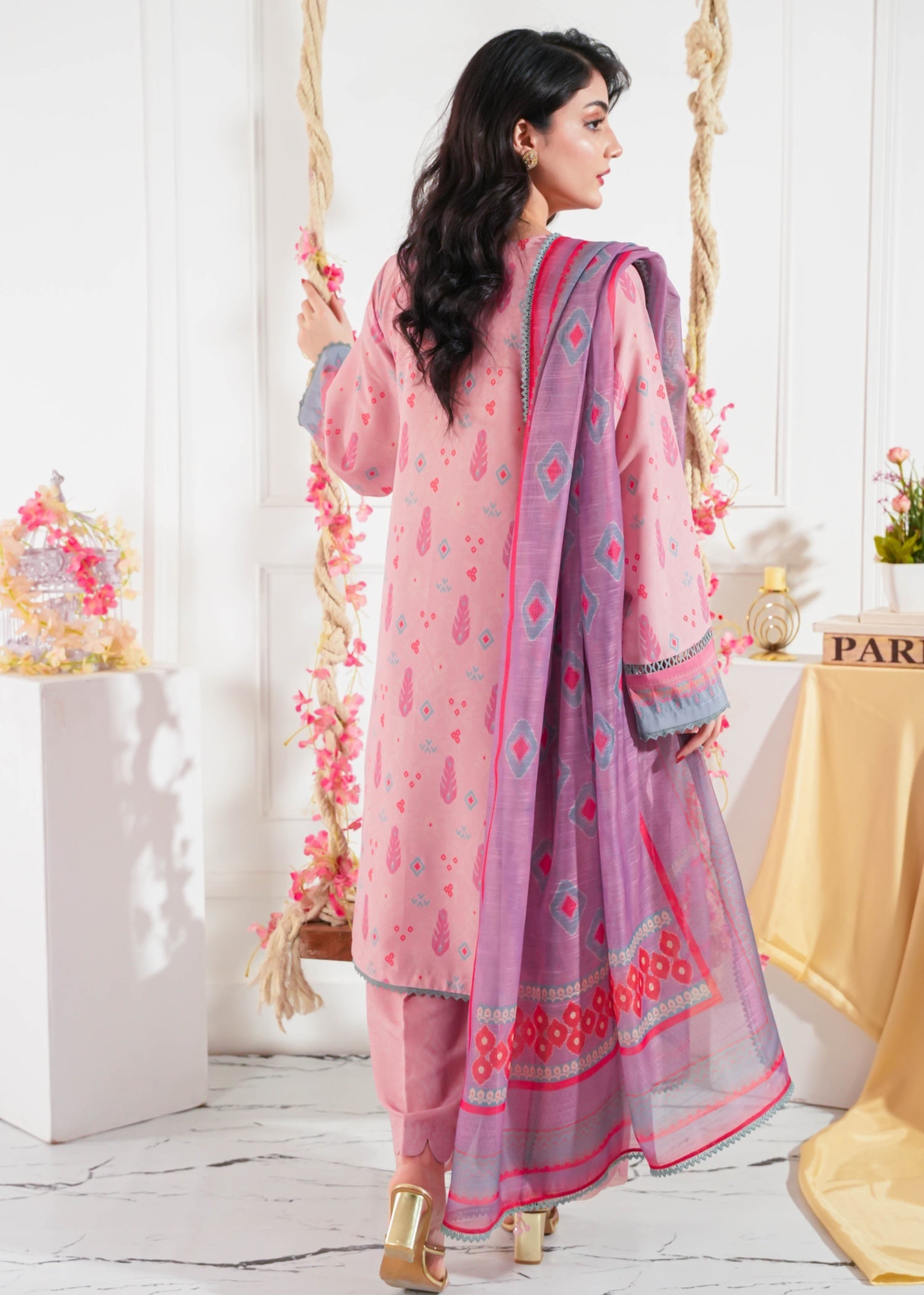 slub cambric Kurta Set in Pink