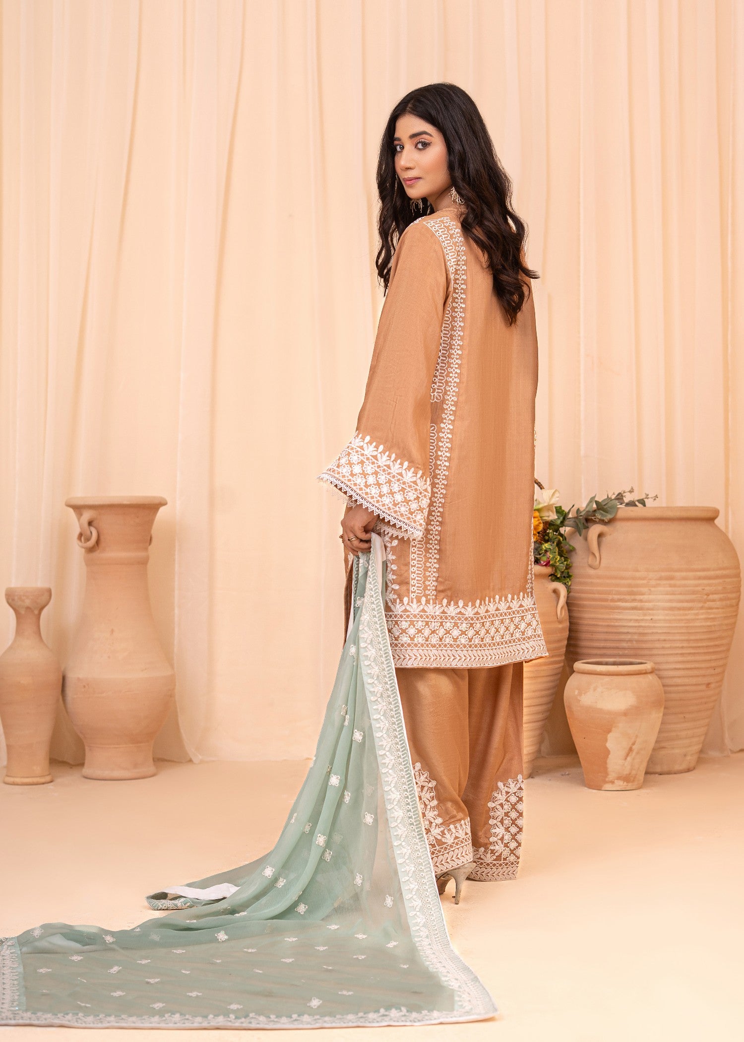 raw silk Kurta Set in Sage green, peach orange