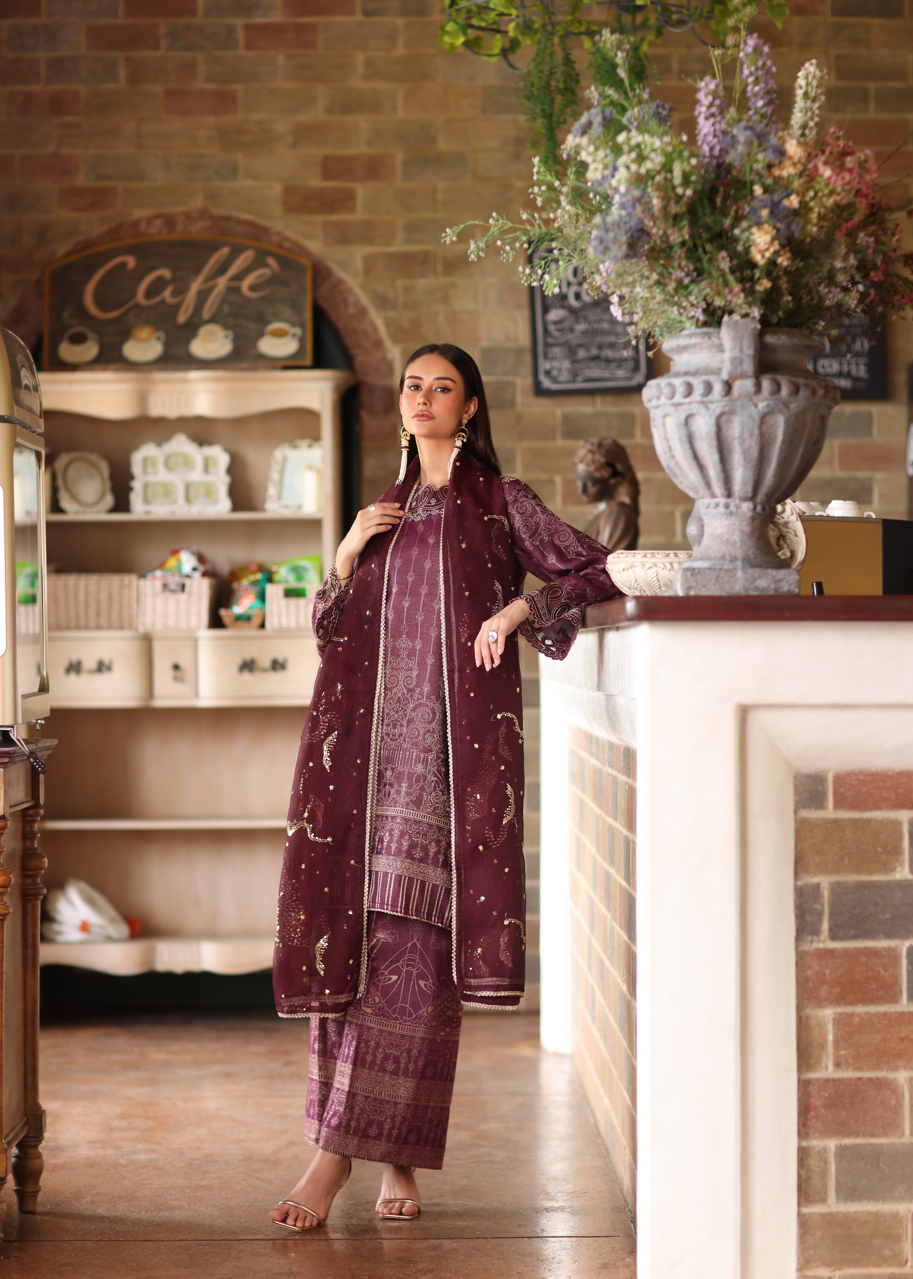 jacquard Kurta Set in Purple