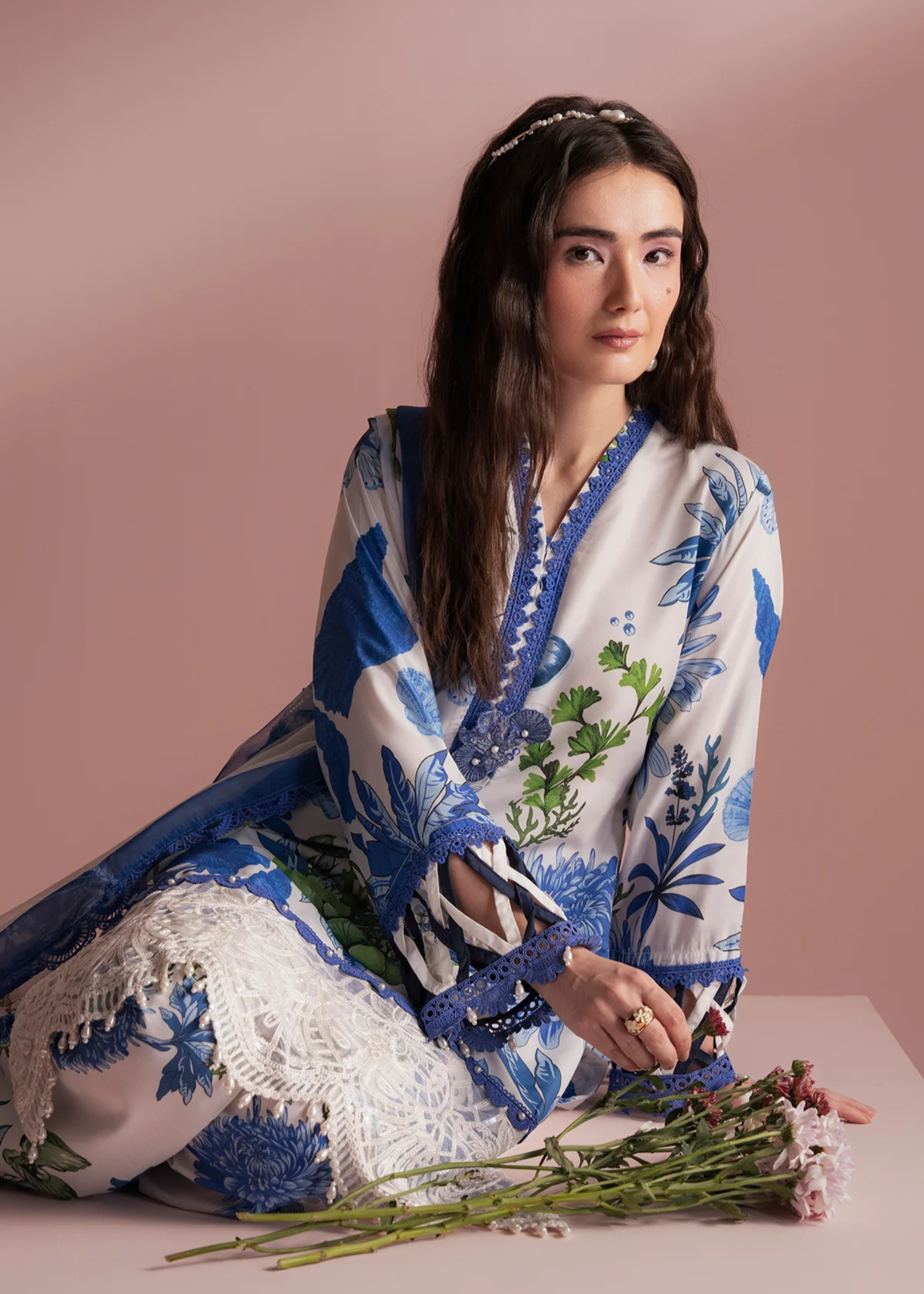 lawn Kurta Set in Blue, white