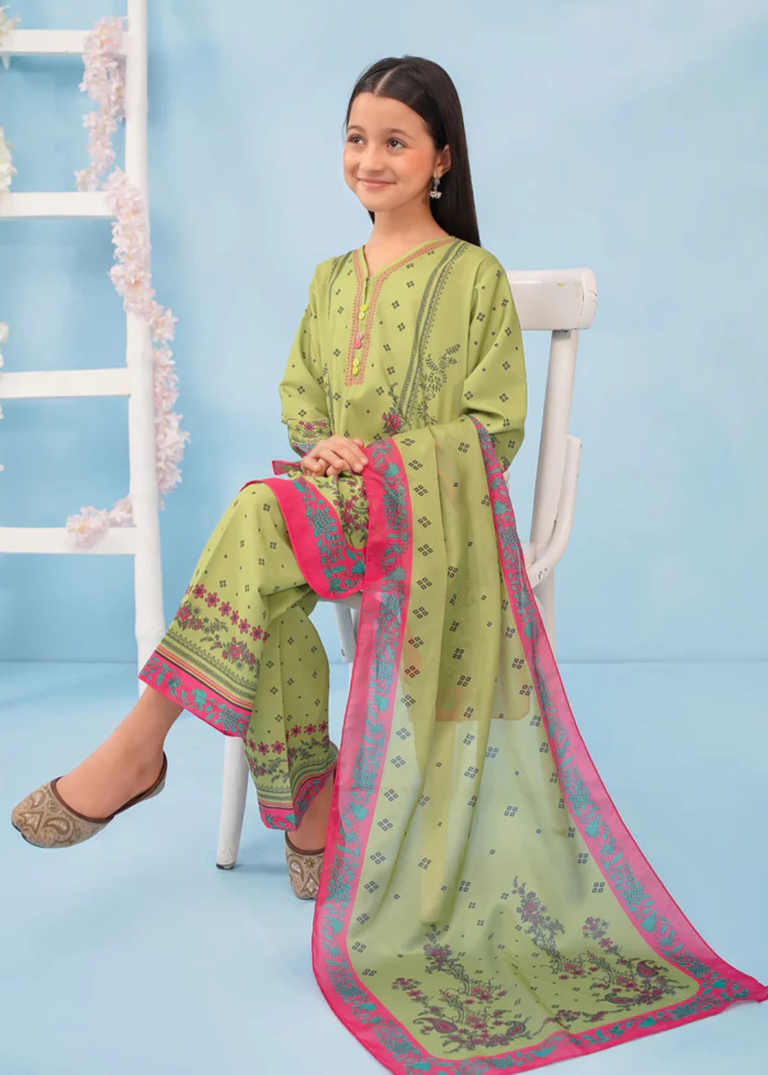 poly lawn Kurta Set in Lime green