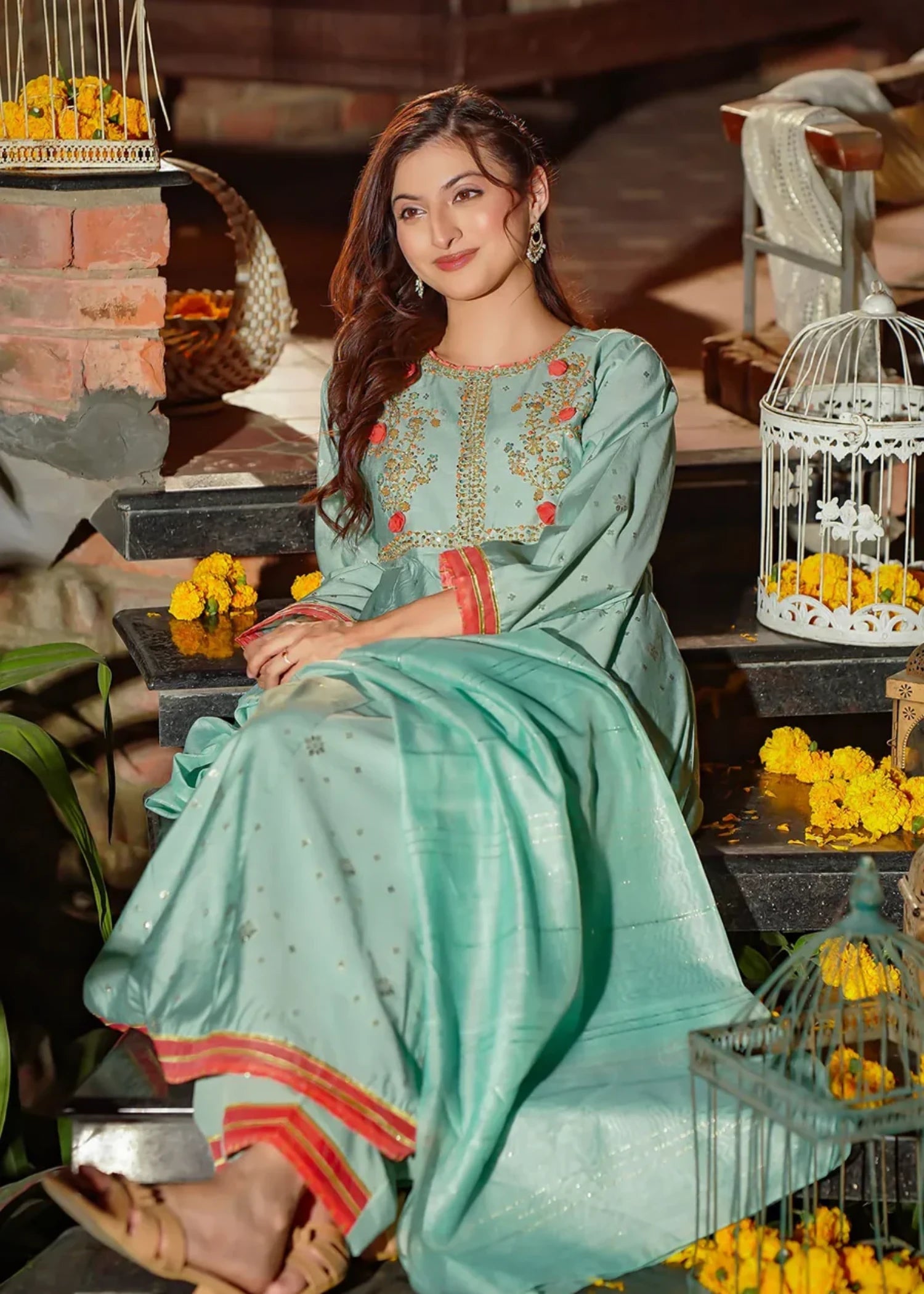 viscose jacquard Pishwas in Pastel green