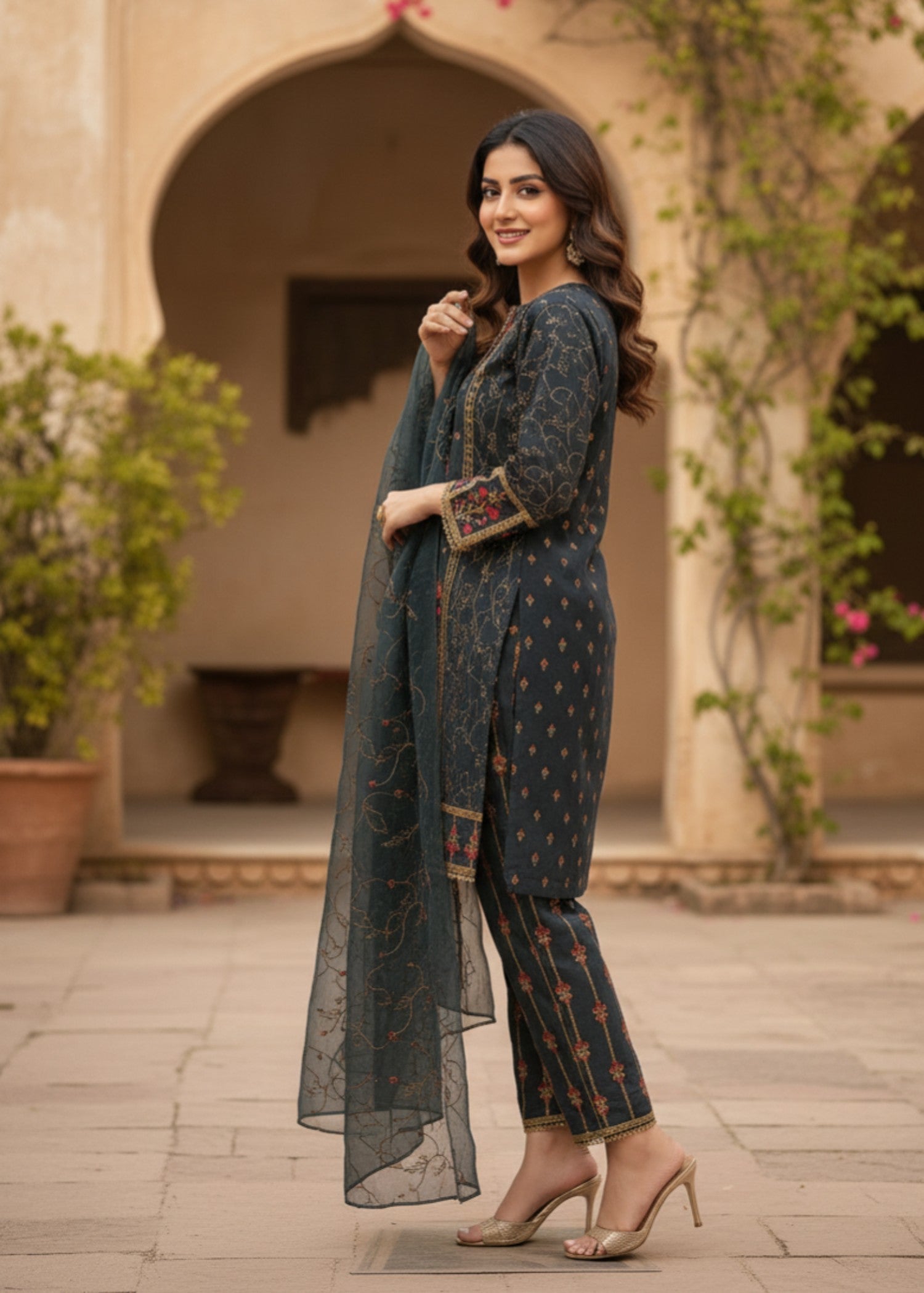 khaddar Kurta Set in Dark grey