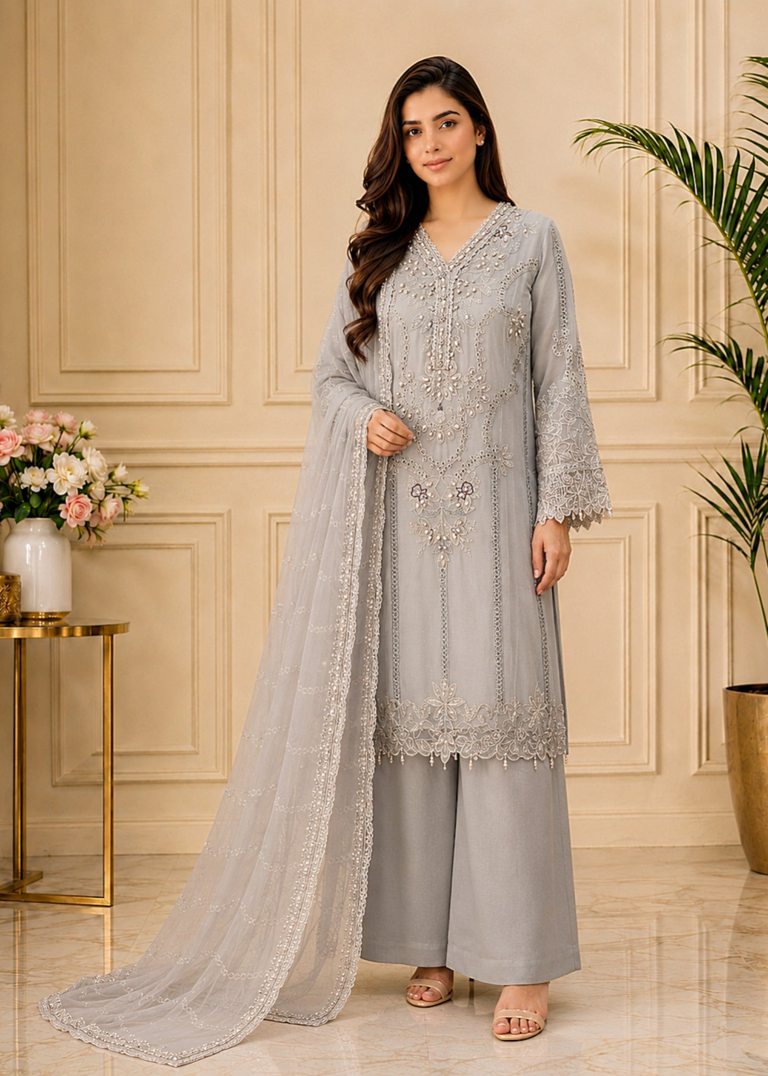 chiffon Kurta Set in Steal grey