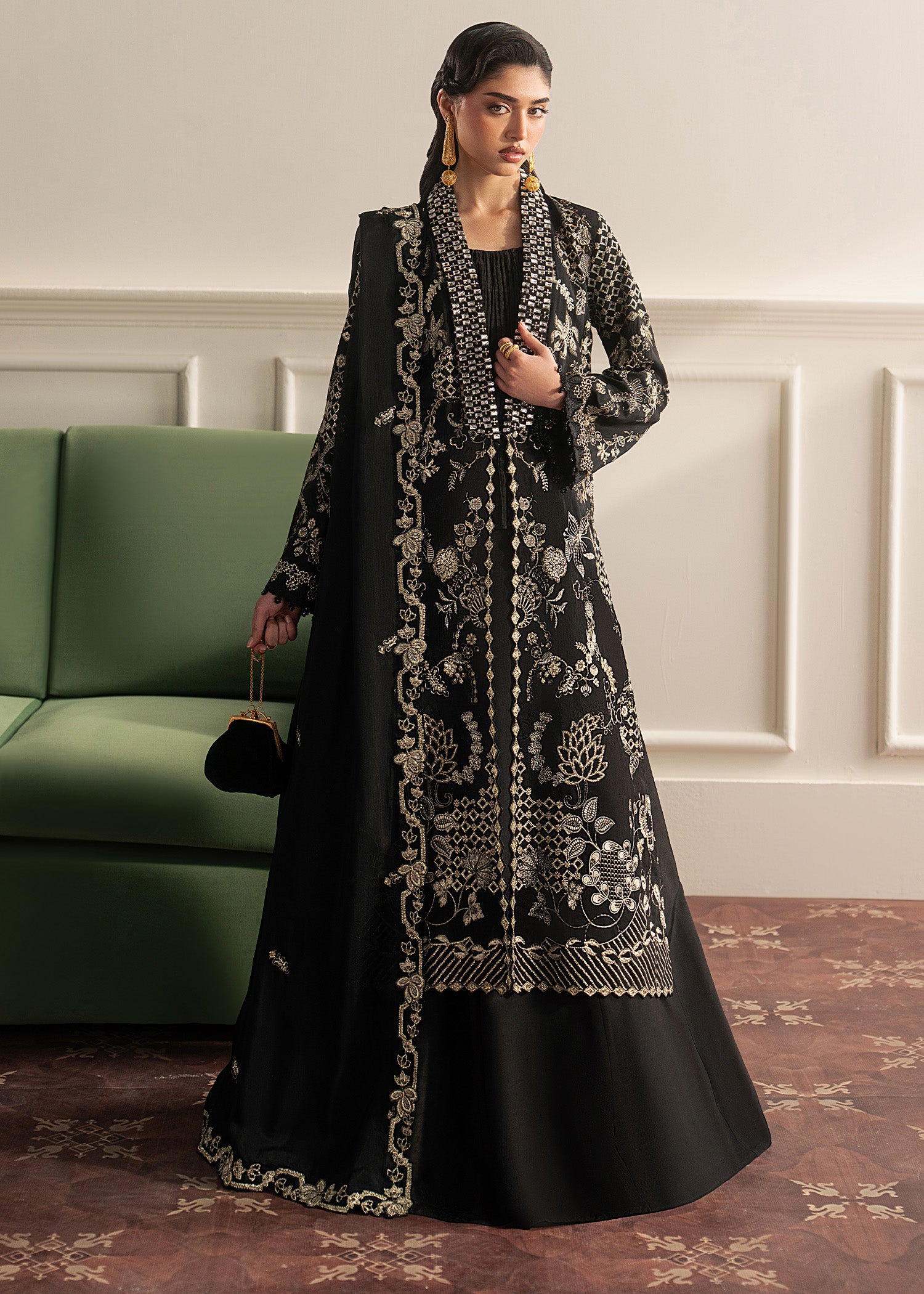 korean raw silk Sharara in Black