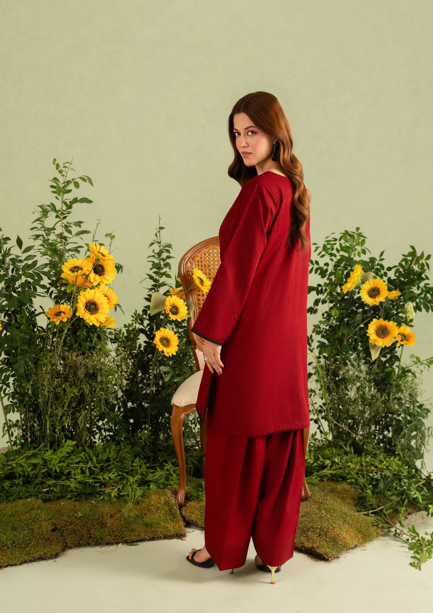 slub khaddar Kurta Set in Maroon