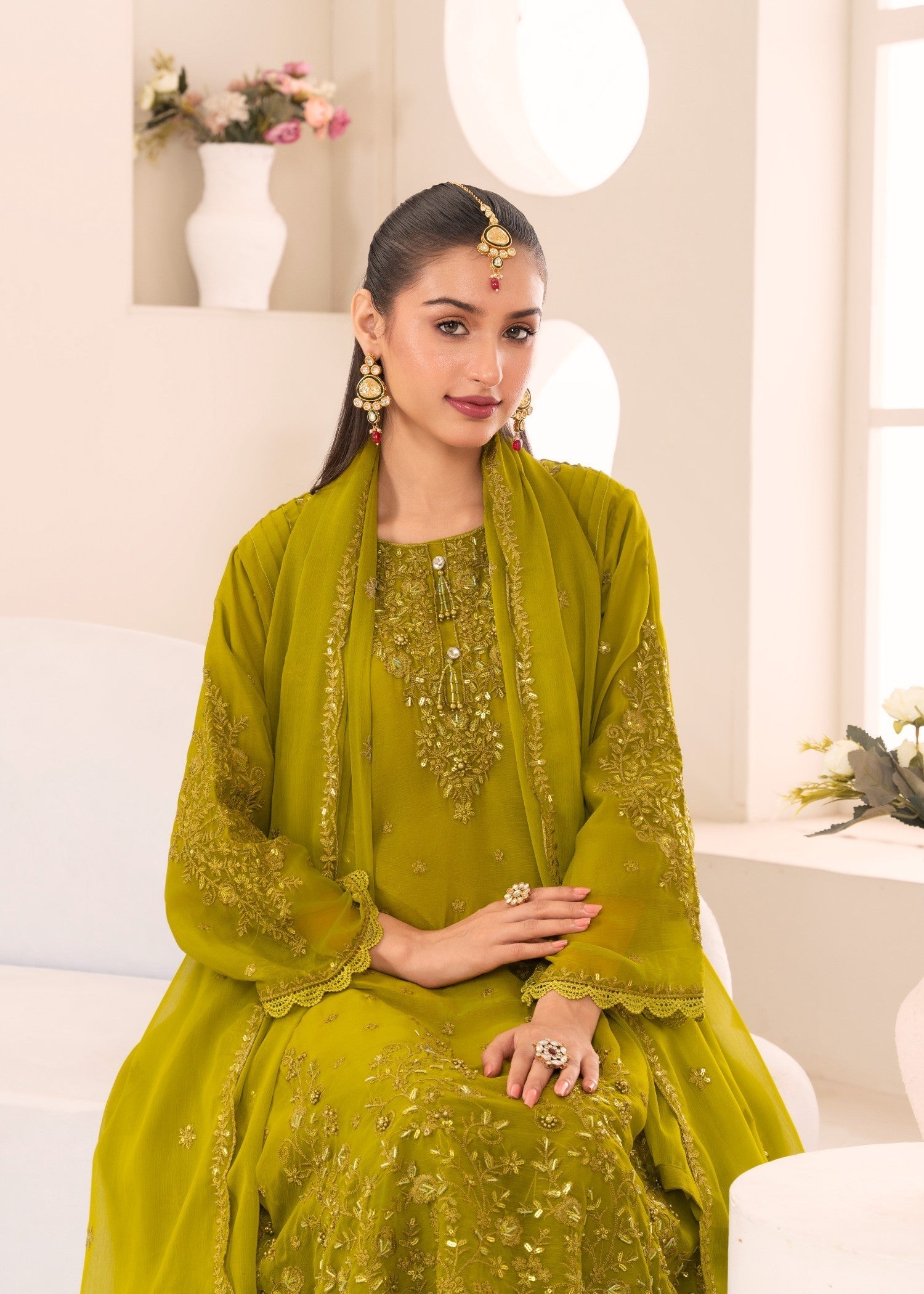 chiffon Pishwas in Yellow green