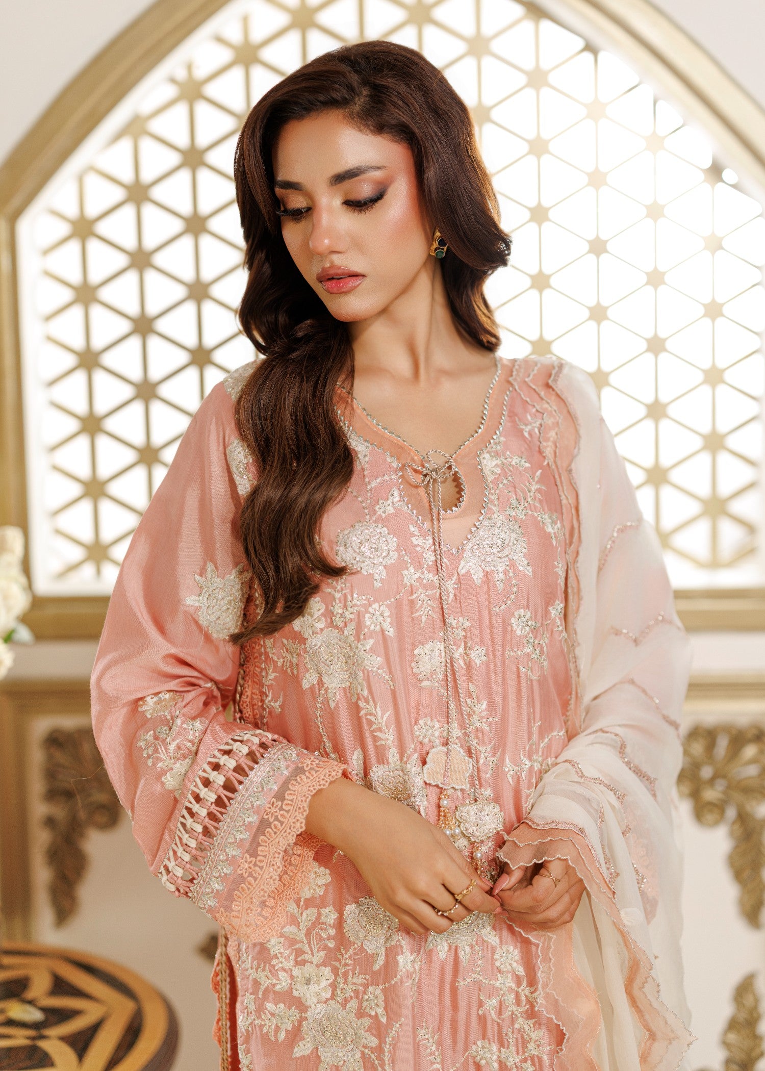 raw silk Unstitched in Peach pink